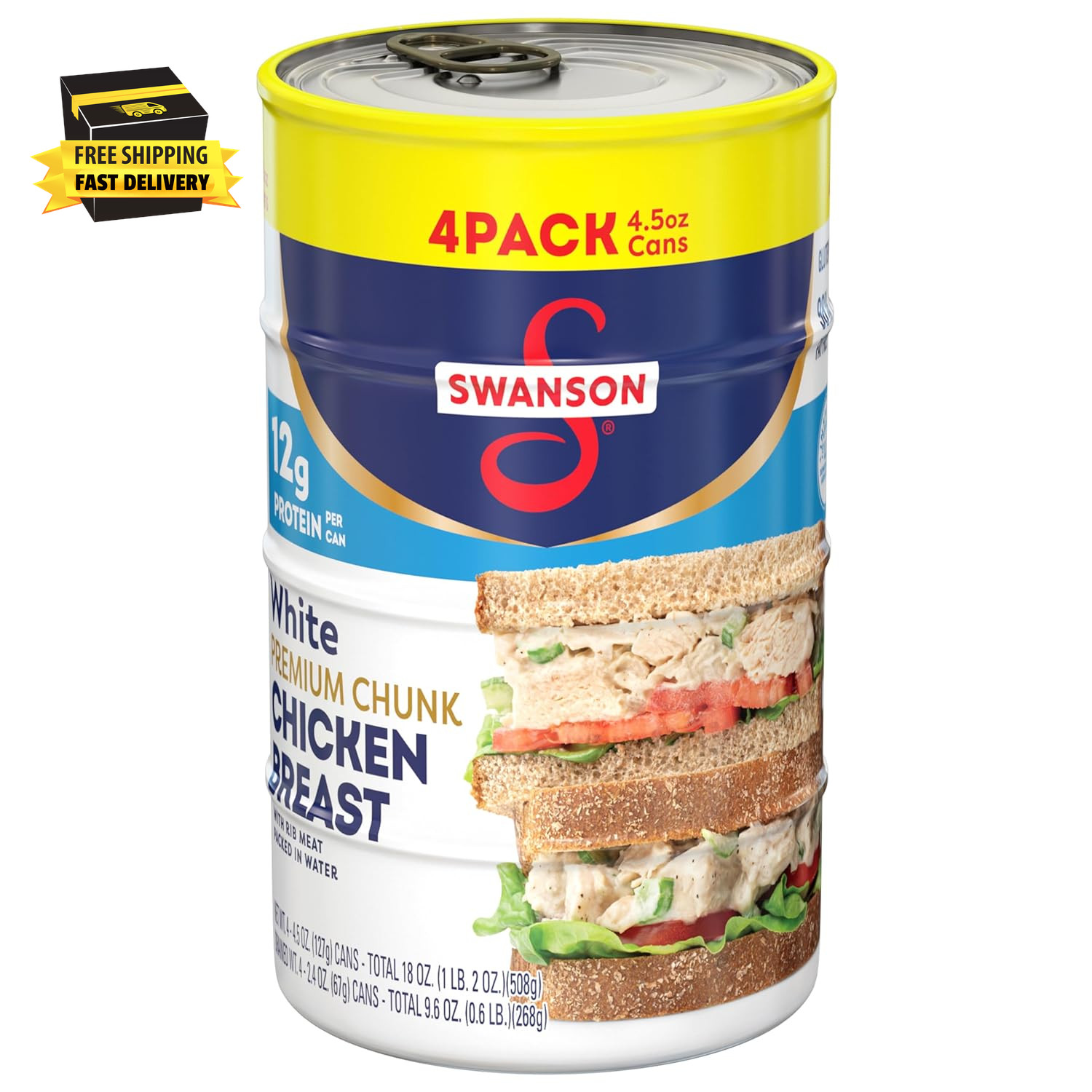 Swanson White Premium Chunk Chicken Breast with Rib Meat in Water, 4.5 Oz. (Pack