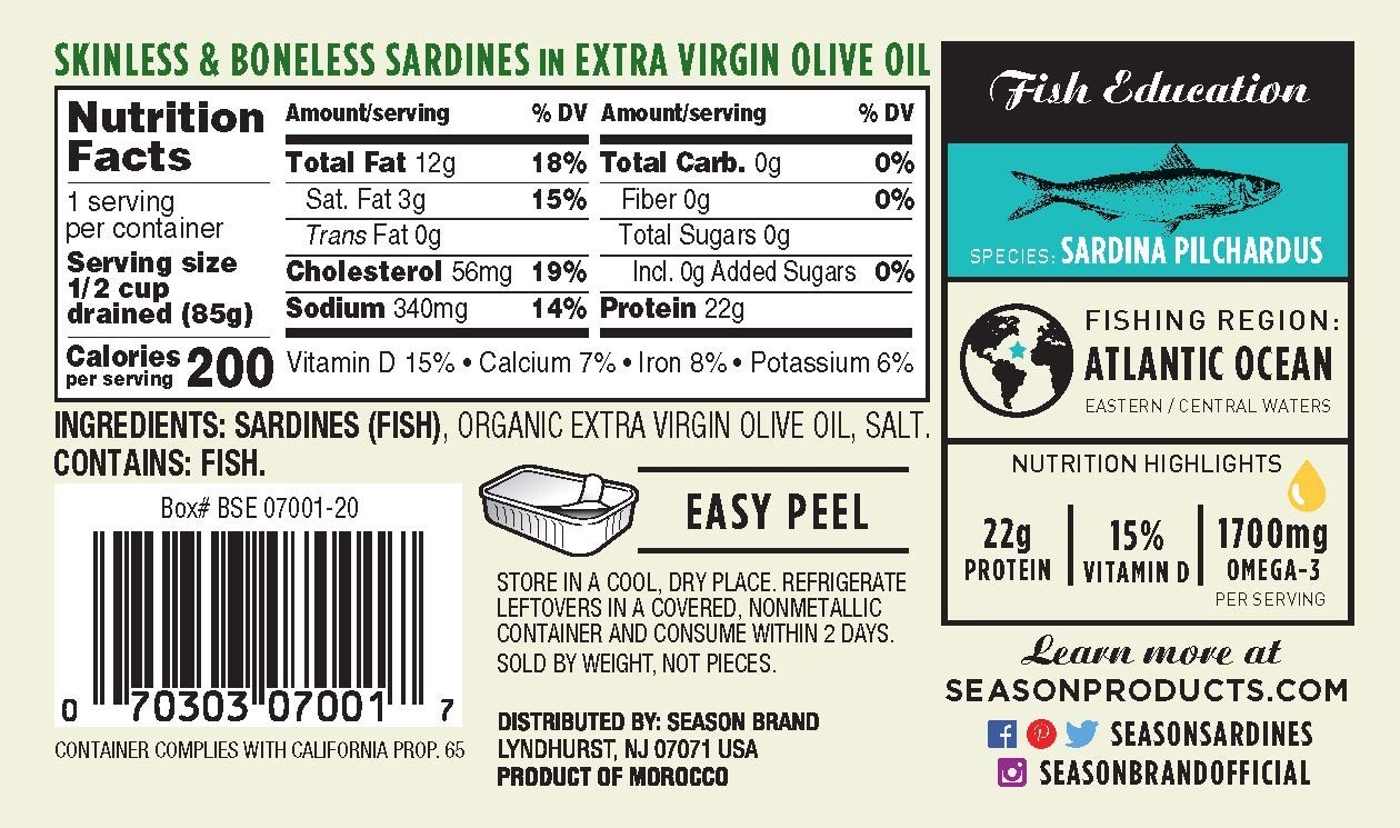 Skinless Boneless Sardines in Olive Oil 12 Pack High Protein Canned Fish