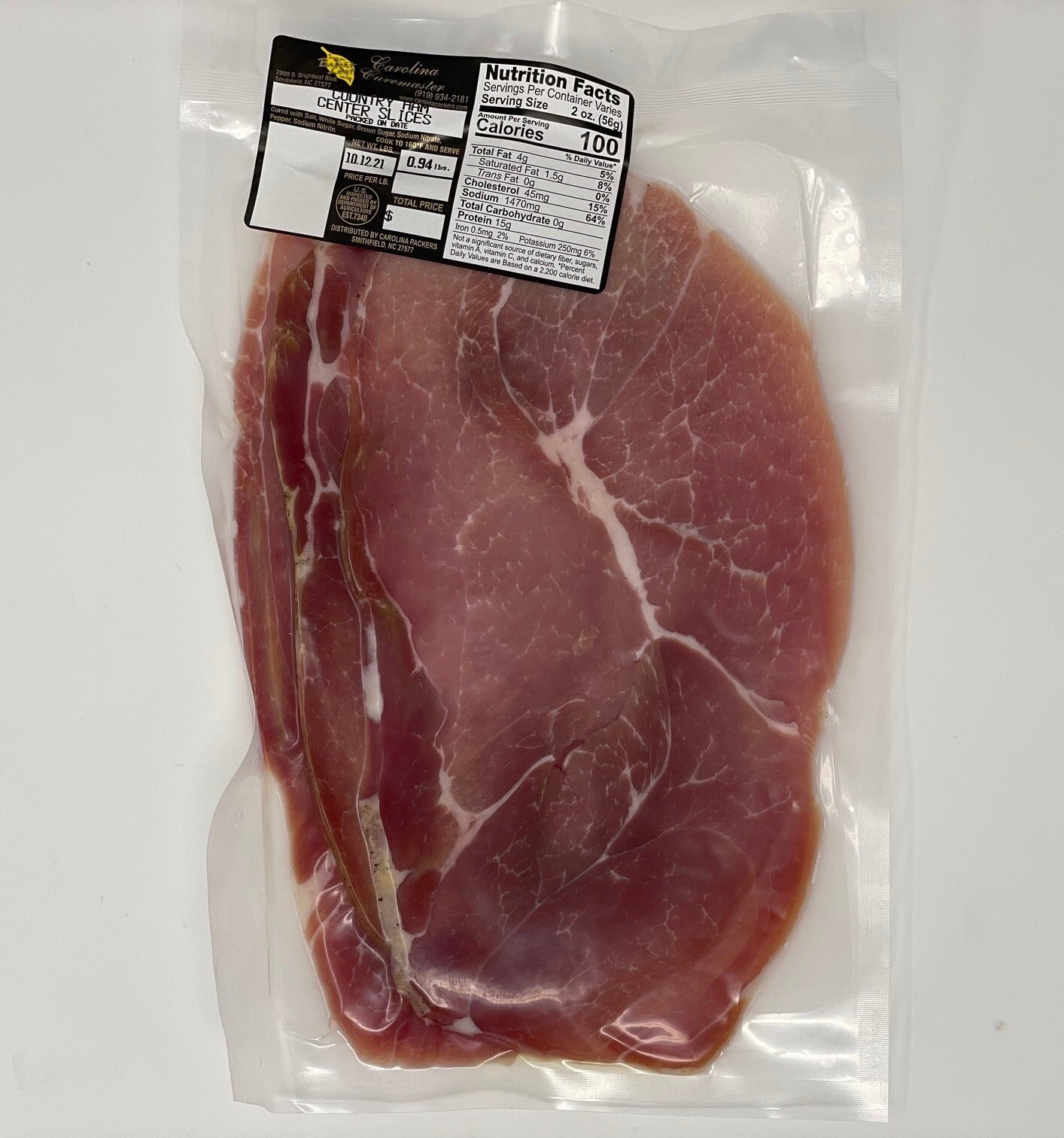 Center Cut Country Ham 3 – 5 Oz Slices Per Package. Carolina Curemaster