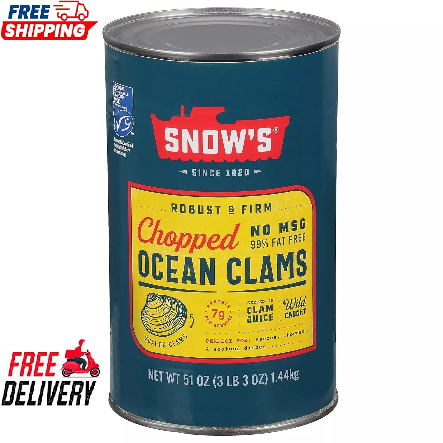 Snow’s Ocean Chopped Clams Canned, 51 oz Can – 7g Protein per Serving – Gluten F