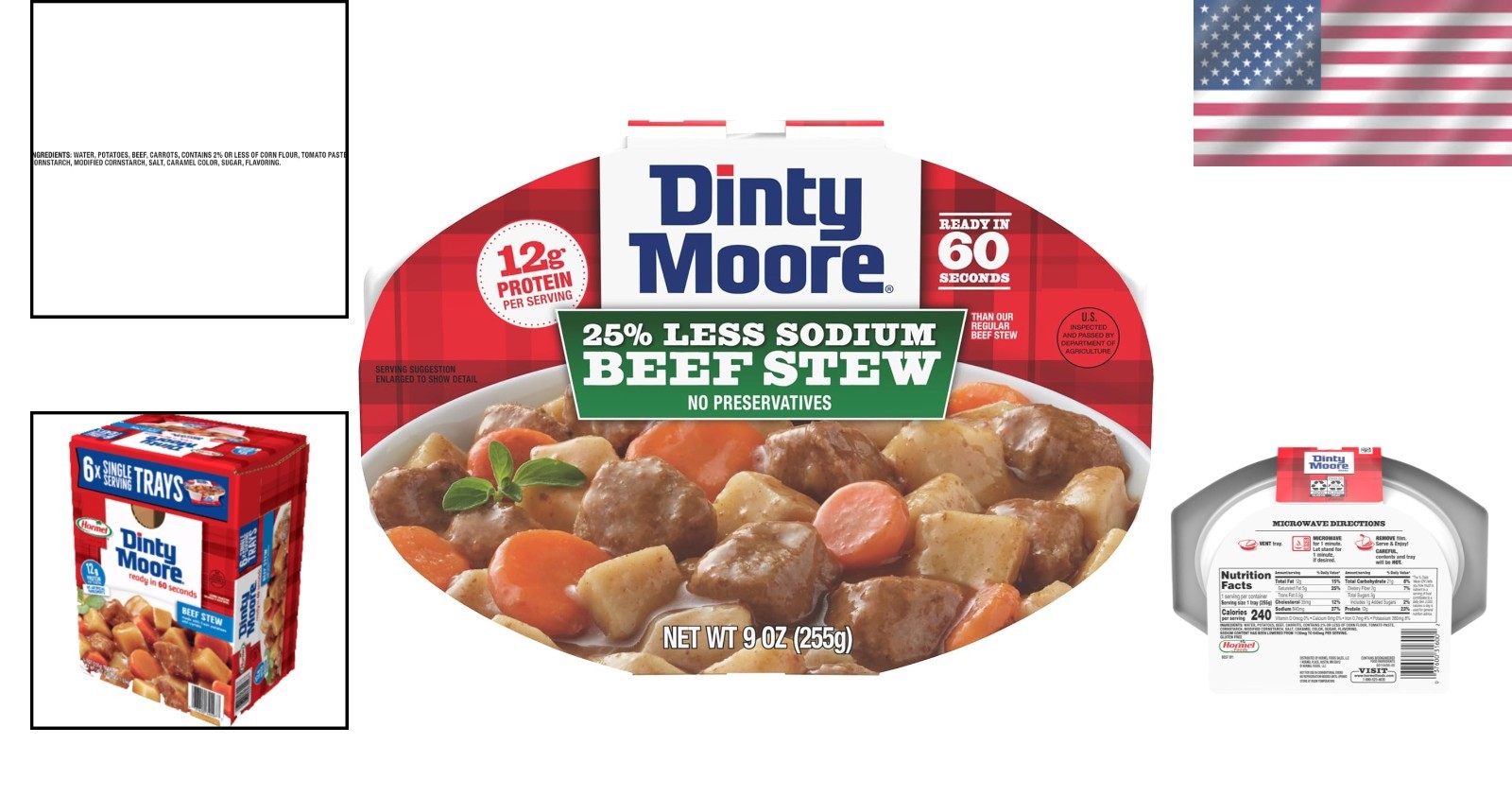 Dinty Moore Beef Stew Less Sodium Microwave Tray 9oz, 6 Pack
