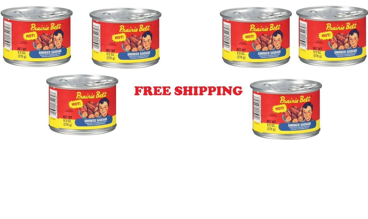 6 NEW CANS OF PRAIRIE BELT HOT SMOKE SAUSAGE 9.5 OZ SAUSAGES 3/2026