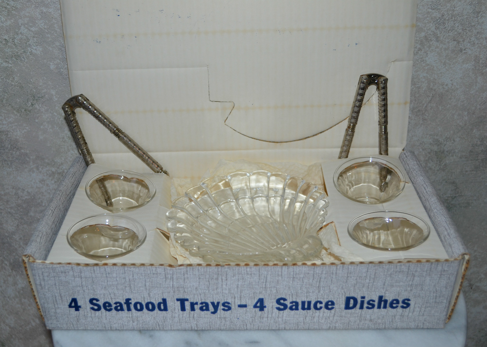 Vintage Federal Glass Beachcomber Seafood Set in original box, set 4 Tray Dish