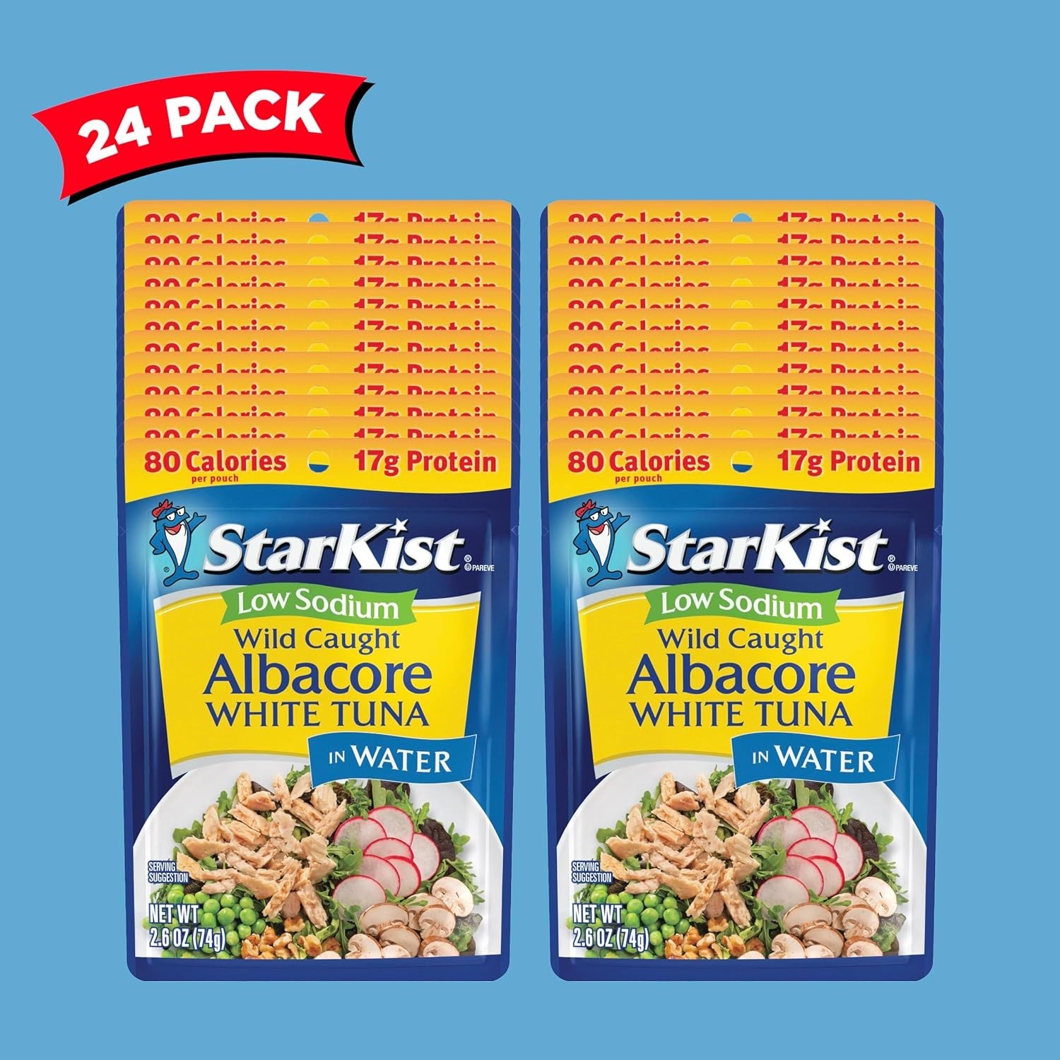 Low Sodium Wild Caught Albacore Tuna Pouch 24 Pack – 80 Calories, 17g Protein