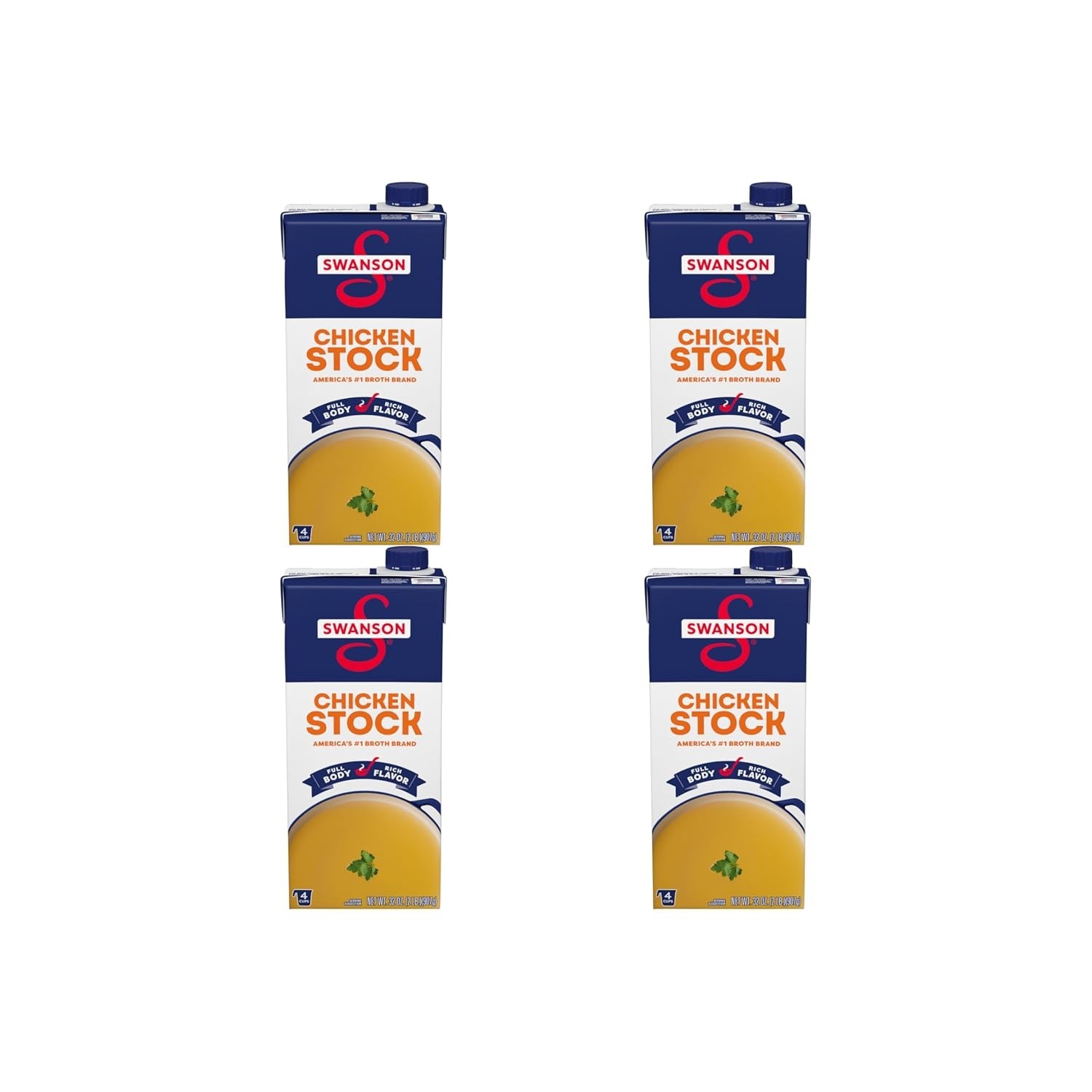 Swanson Natural Chicken Stock, 32 Oz Carton, Gluten-Free & Fat-Free – 4 Count