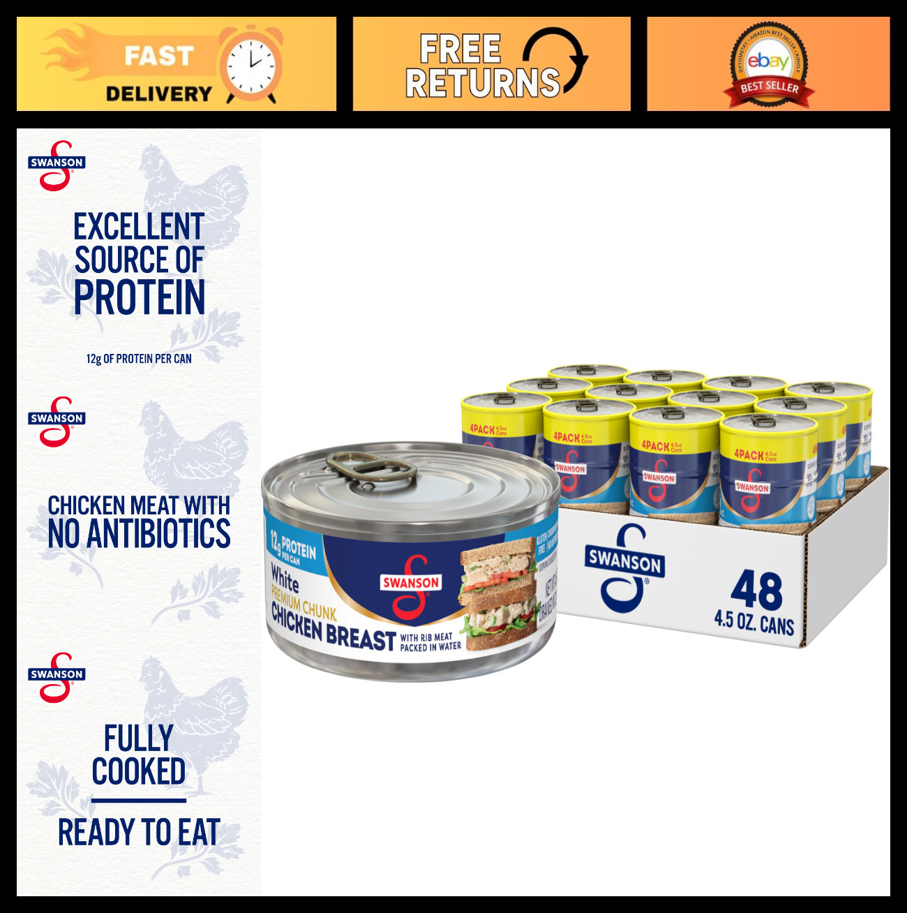 Premium Chunk Chicken Breast in Water, 4.5 oz – Pack of 4, High Protein, Low Fat