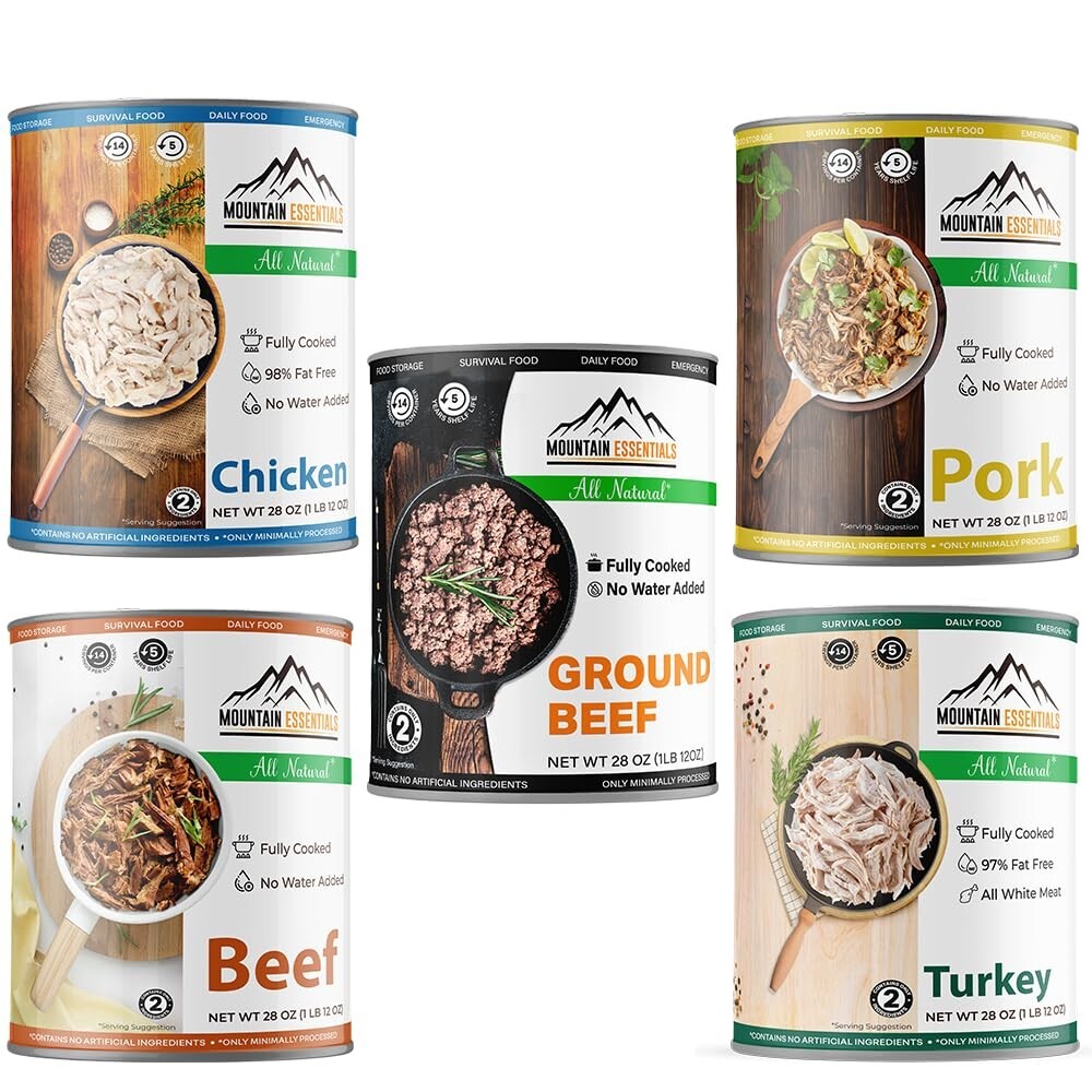 5 Can- Mountain Essentials Variety Pack 28oz Beef, Pork, G.Beef, Chicken, Turkey