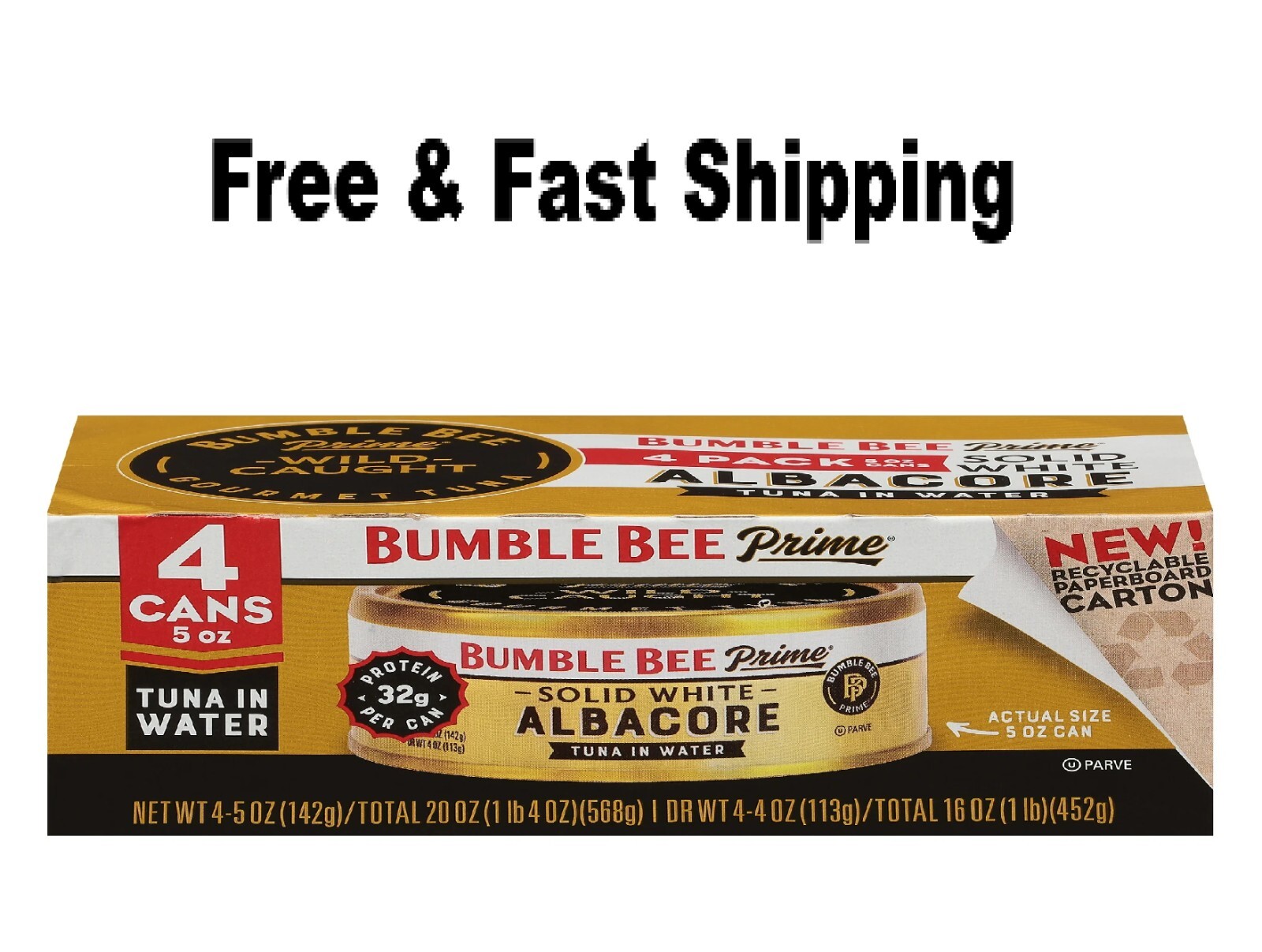(Pack of 4) Bumble Bee Prime Solid White Albacore Tuna in Water, 5 oz Cans