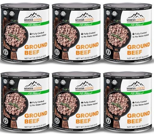 6 Cans – Mountain Essentials All Natural Ground Beef Fully Cooked 28oz Meat