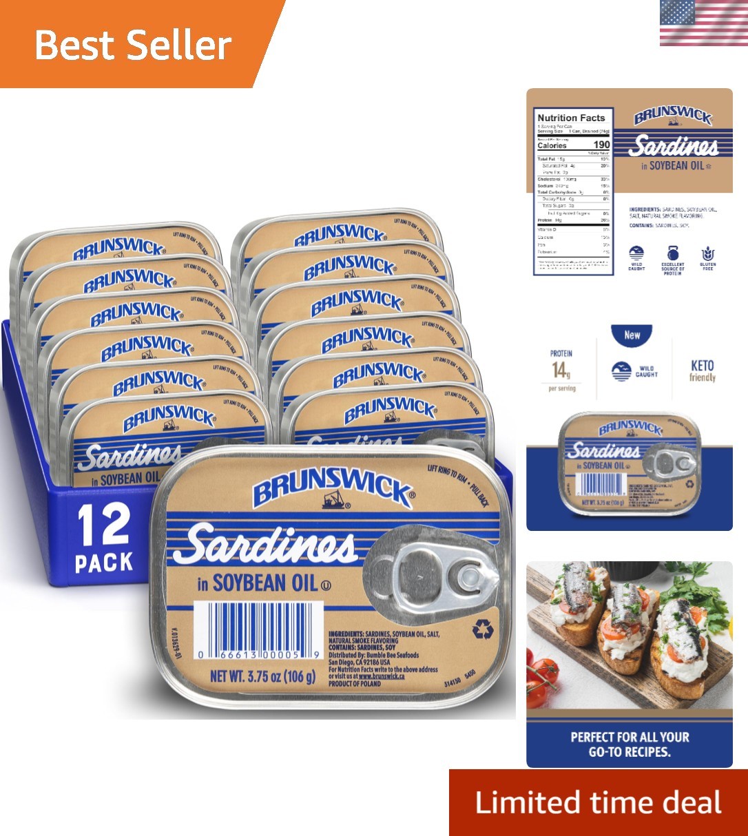 Brunswick Sardines in Olive Oil, 3.75 Oz Can (Pack of 12) – Boneless Butterflied