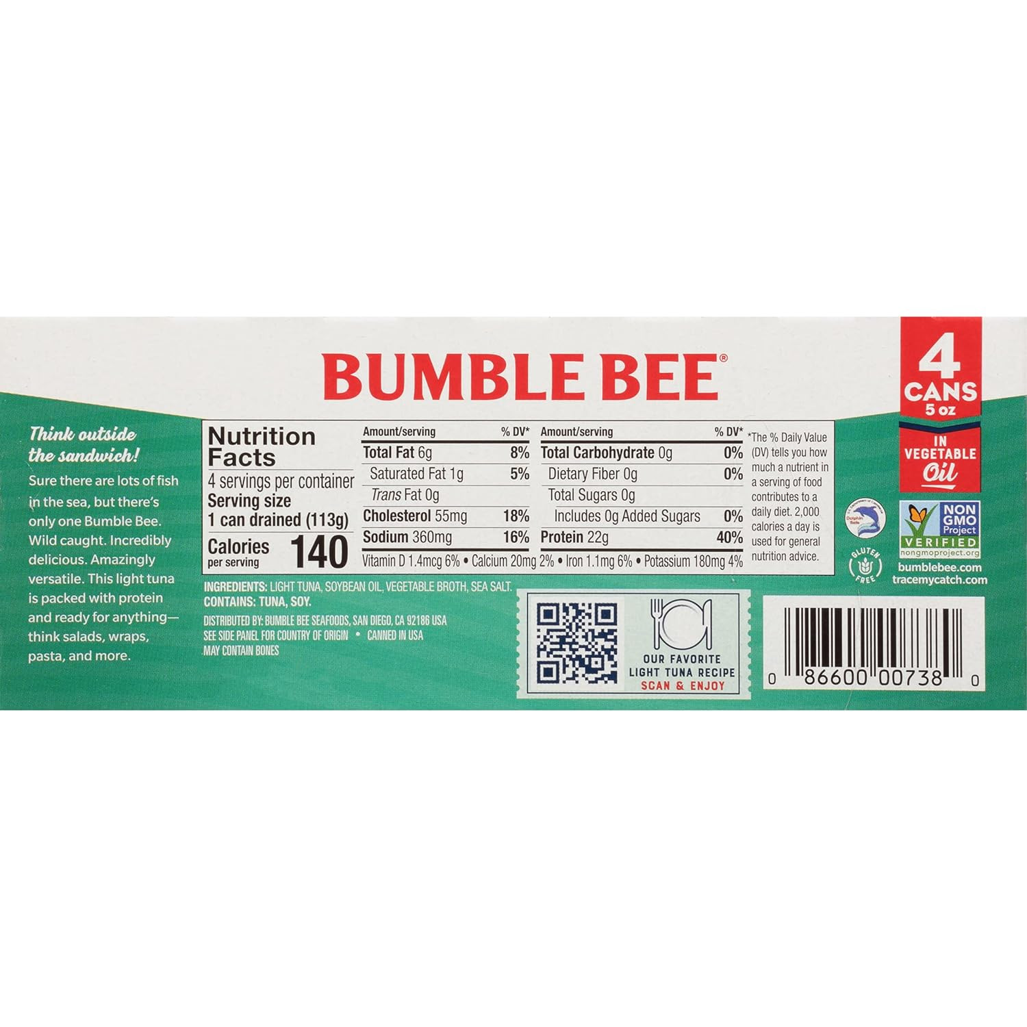 Bumble Bee Chunk Light Tuna in Oil, 5 Oz Cans (Pack of 4) – Wild Caught Tuna – 2