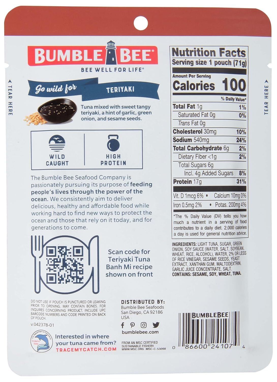 Bumble Bee Teriyaki Seasoned Tuna 2.5 oz Pouch – Ready to Eat – Wild Caught T…