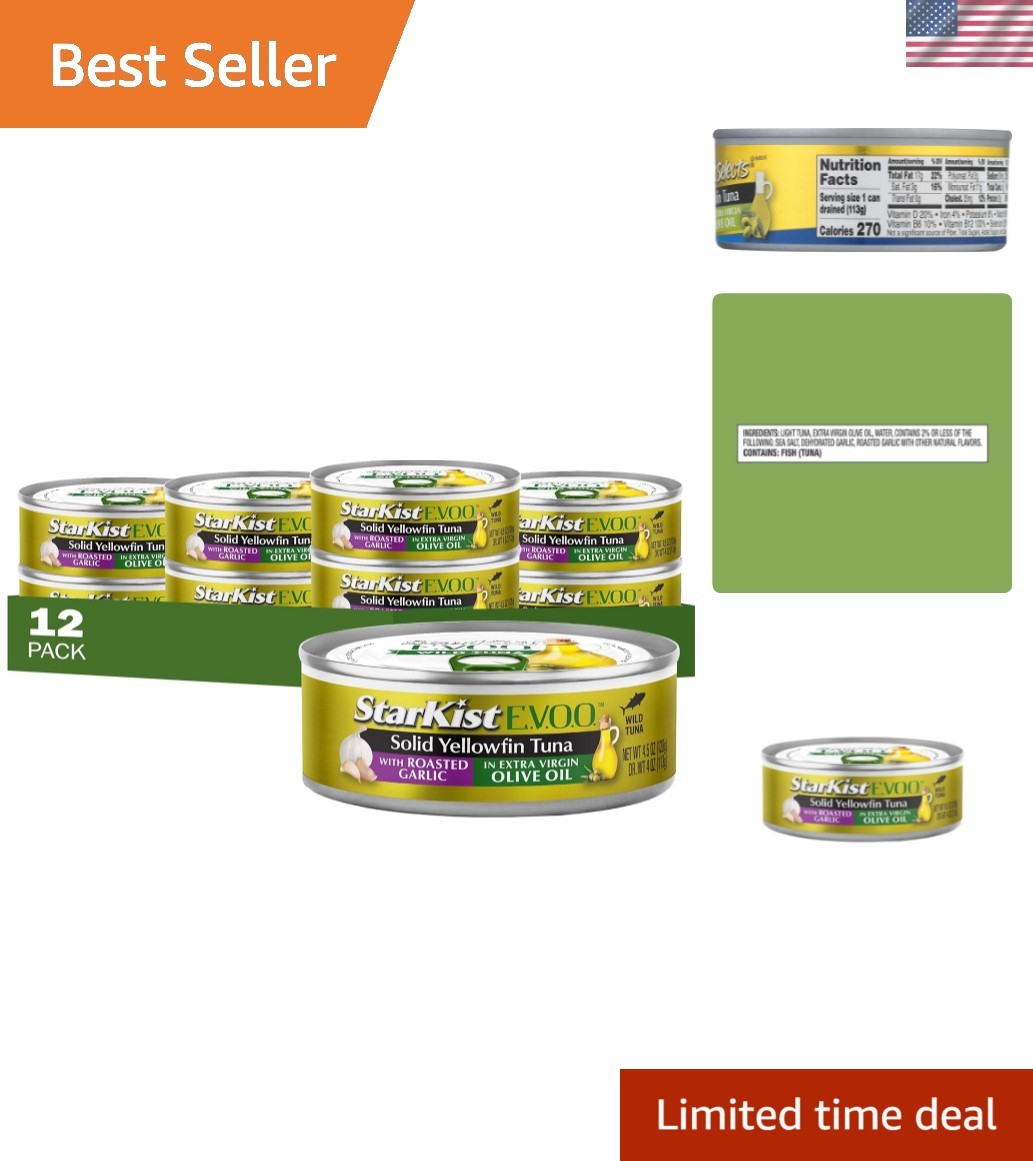 High-Protein E.V.O.O. Yellowfin Tuna – Roasted Garlic Flavor, 4.5 oz, 12 Pack