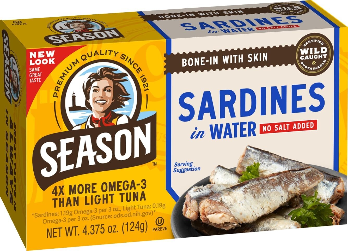 Season Sardines in Water – No Salt Added, Wild 4.37 Ounce (Pack of 12)