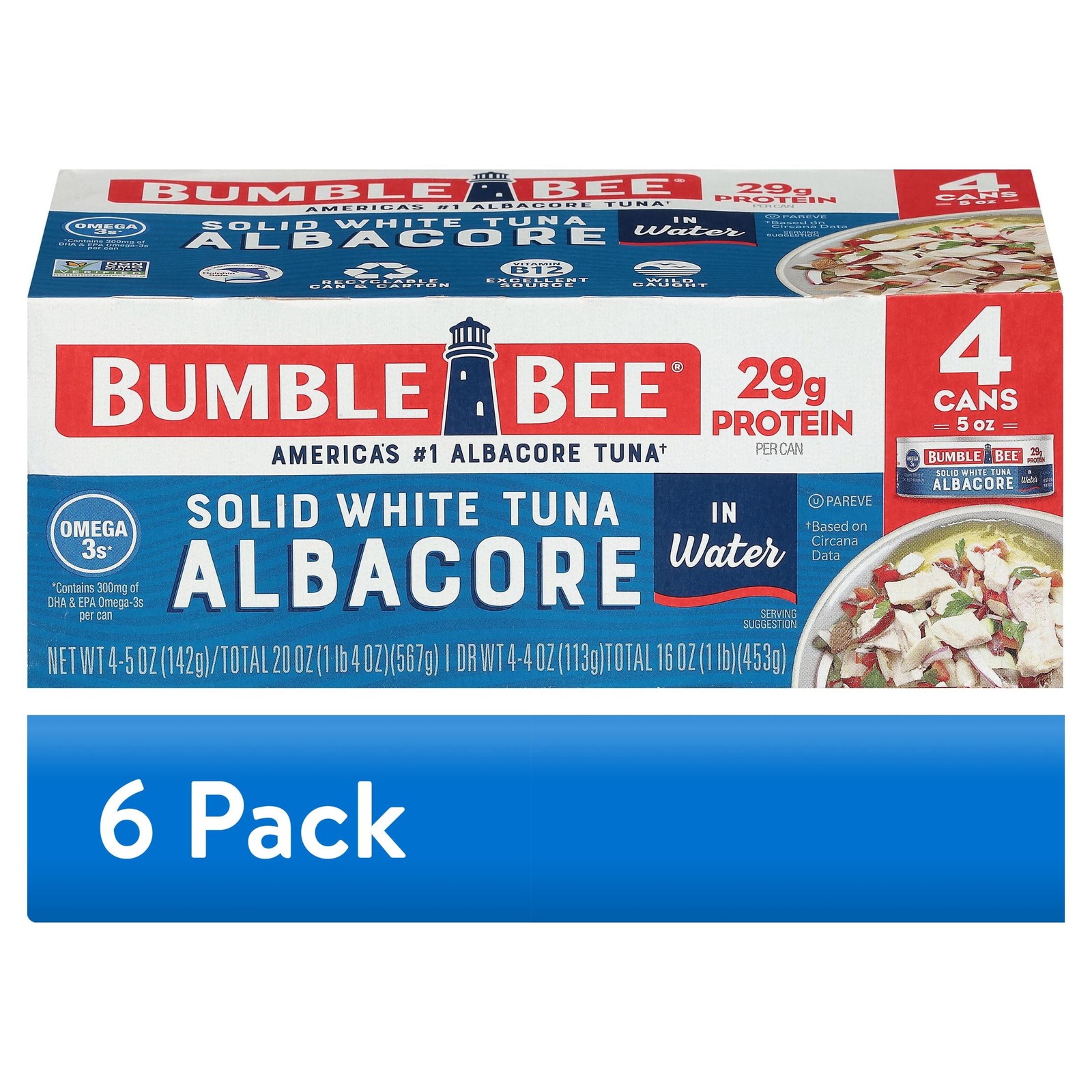 (6 pack) (4 Cans) Bumble Bee Solid White Albacore Tuna in Water, 5 oz