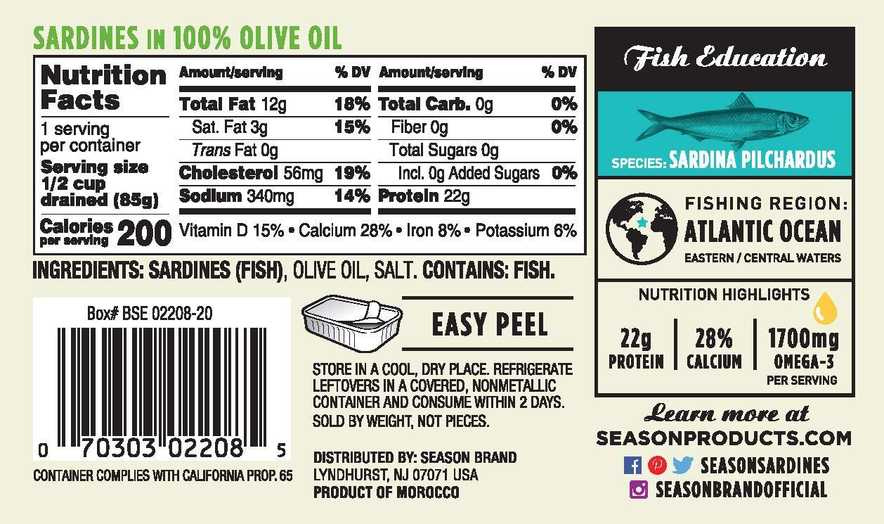 Season Sardines in Olive Oil | Gluten Free, Keto, Paleo, Kosher, Non-GMO, Omega-