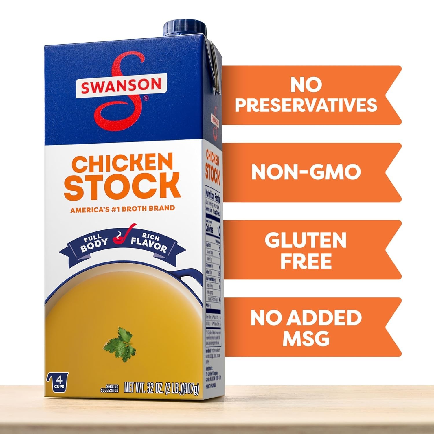 Swanson Natural Chicken Stock, 32 Oz Carton, Gluten-Free & Fat-Free – 4 Count