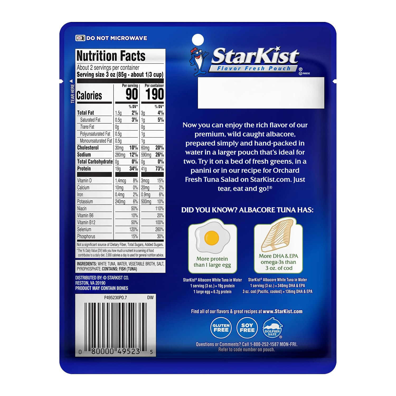 Albacore White Tuna in Water, 6.4 Oz Pouch (1 Pack) Ready to Eat Wild Caught Tun