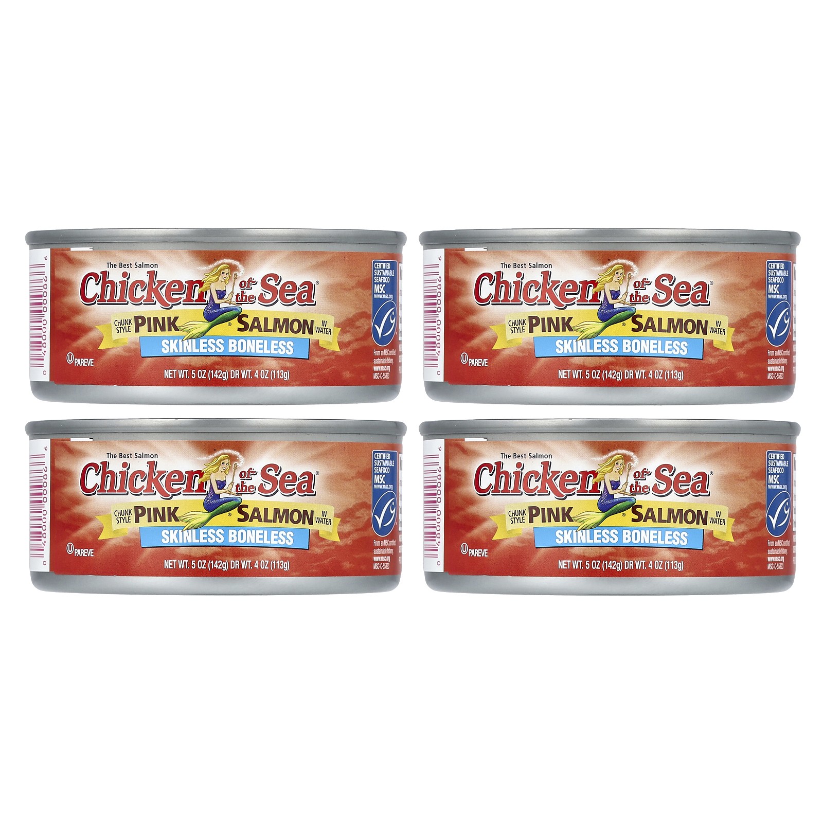 Chunk Style Pink Salmon In Water, Skinless/Boneless, 4 Pack, 5 oz (142 g) Each