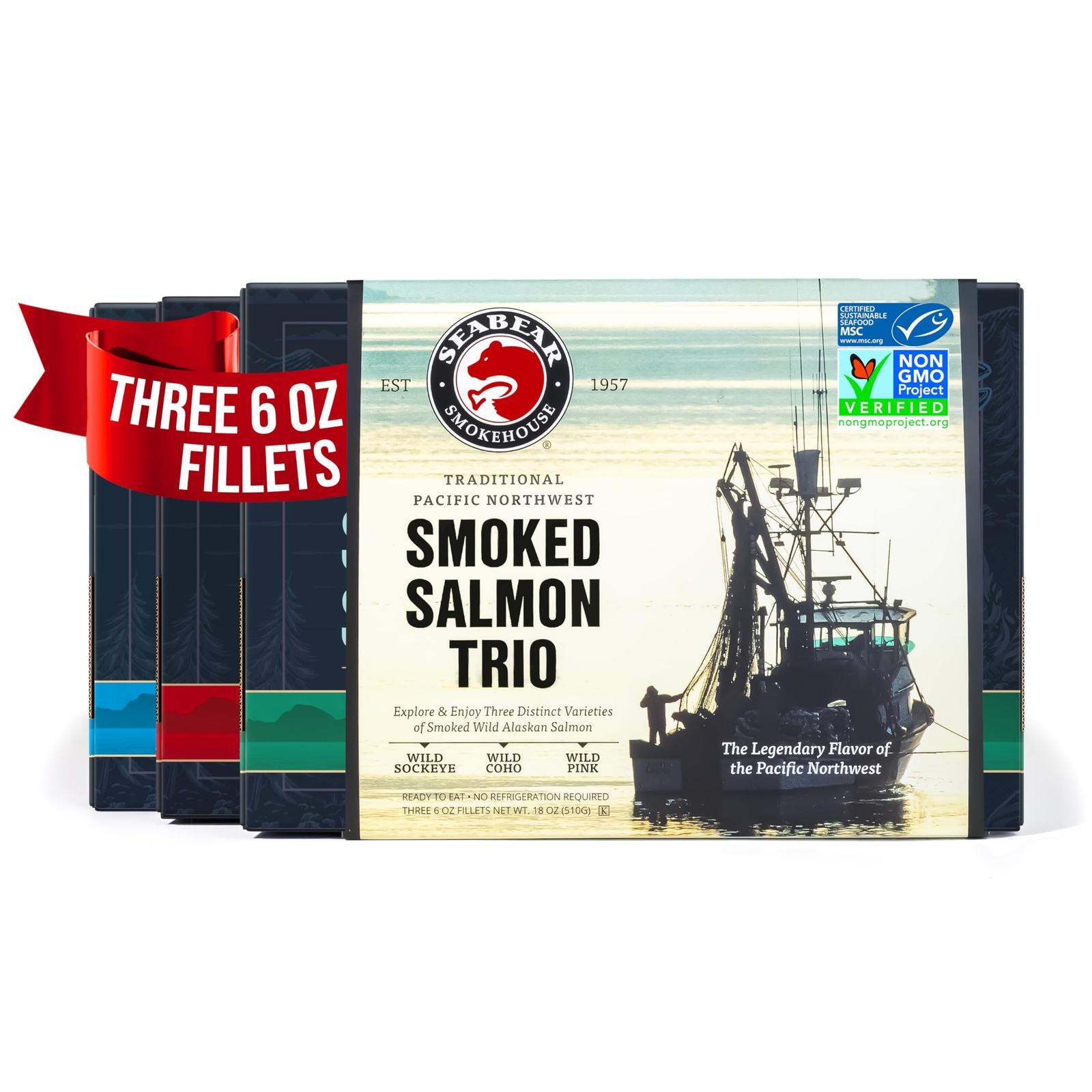 SeaBear – Premium Wild Alaskan Smoked Sockeye Coho and Pink Salmon Trio – 18o…