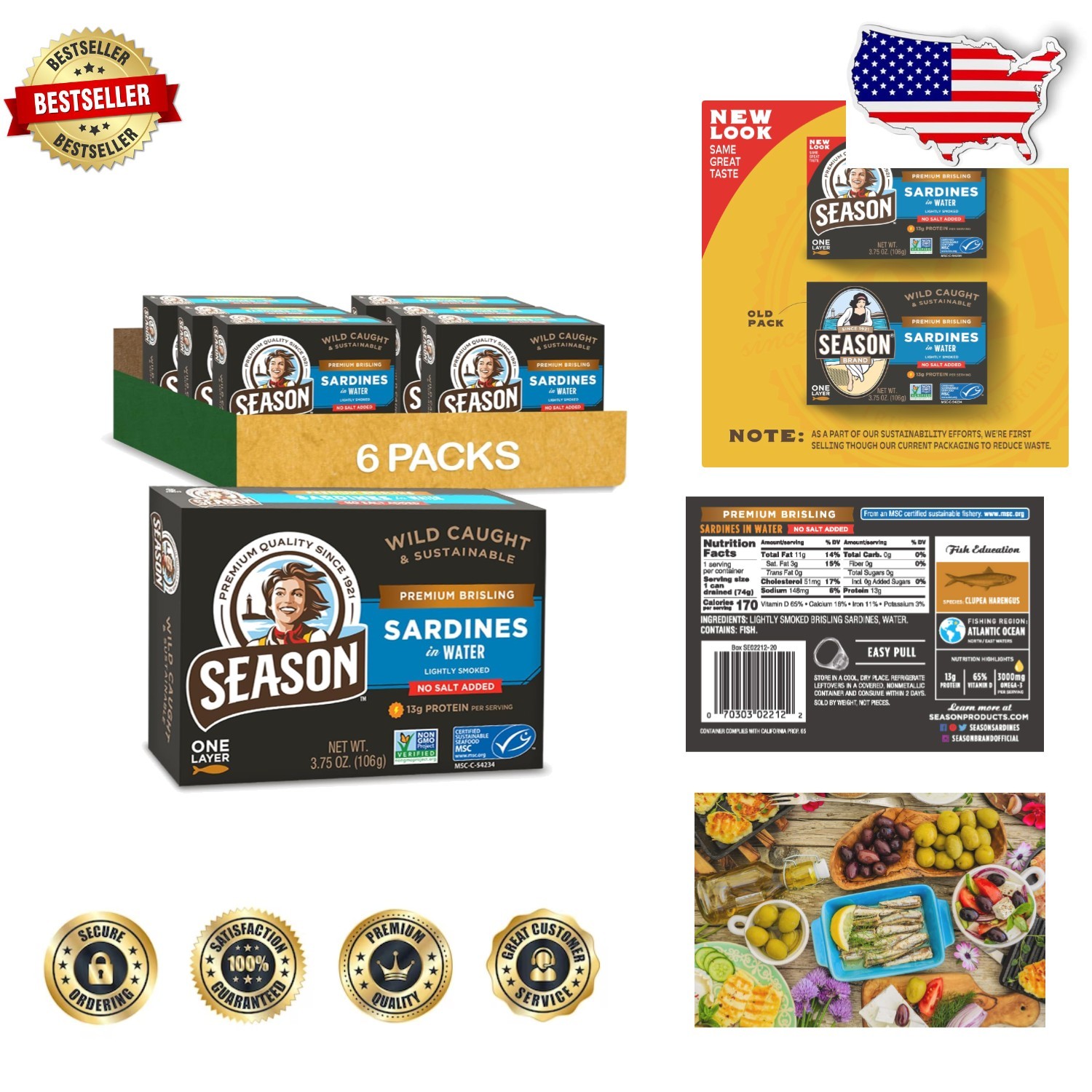 Wild Caught Brisling Sardines in Water – 6pk 3.75oz Tins – High Protein, Omega 3
