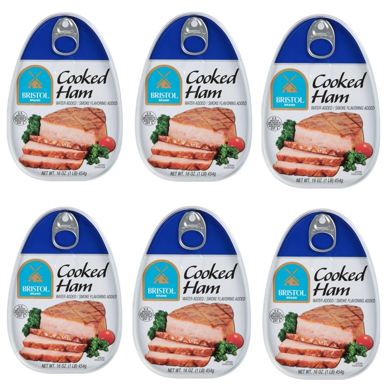 6 Pack Bristol Cooked Canned Ham 16oz Smoke Flavor Picnic