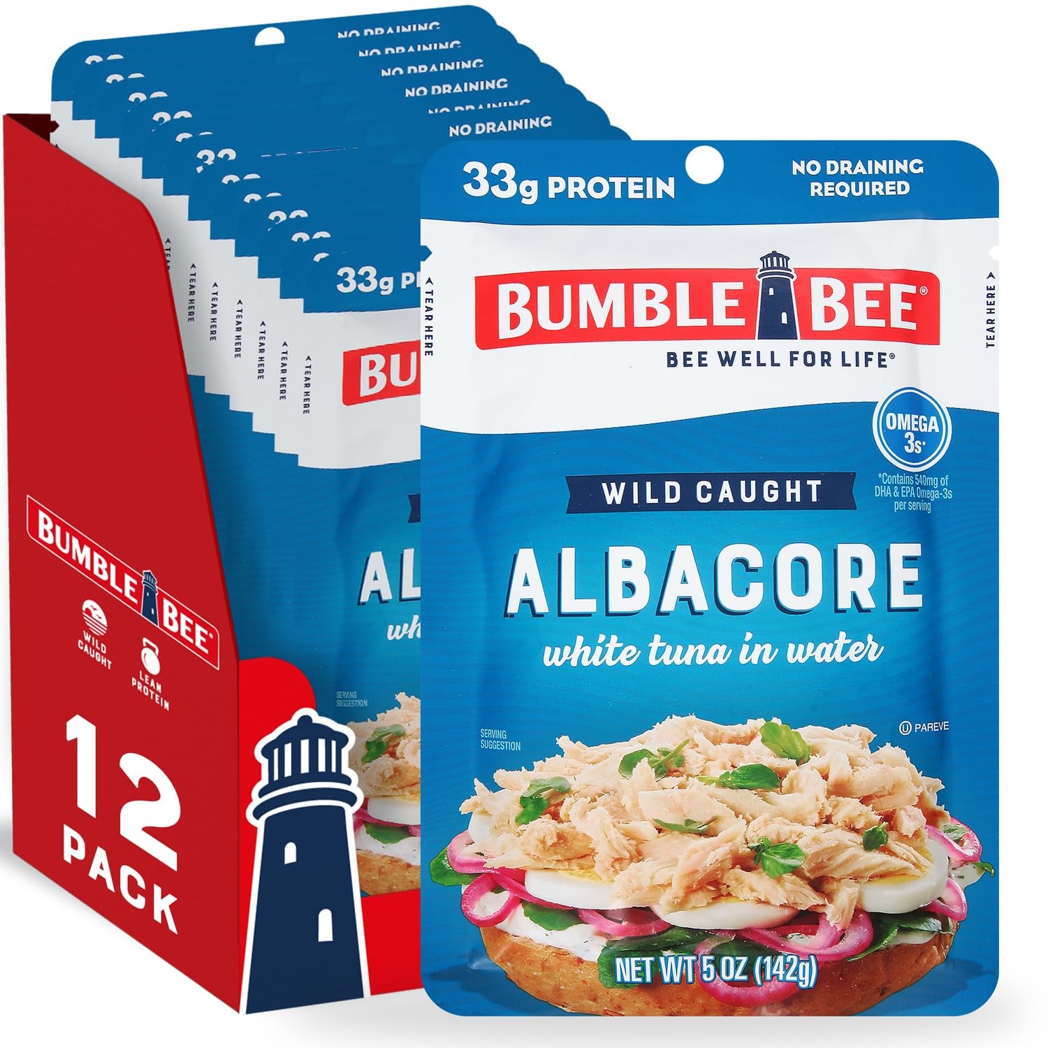 Bumble Bee Chunk White Albacore Tuna in Water, 5 oz Pouches Pack of 12 Ready…