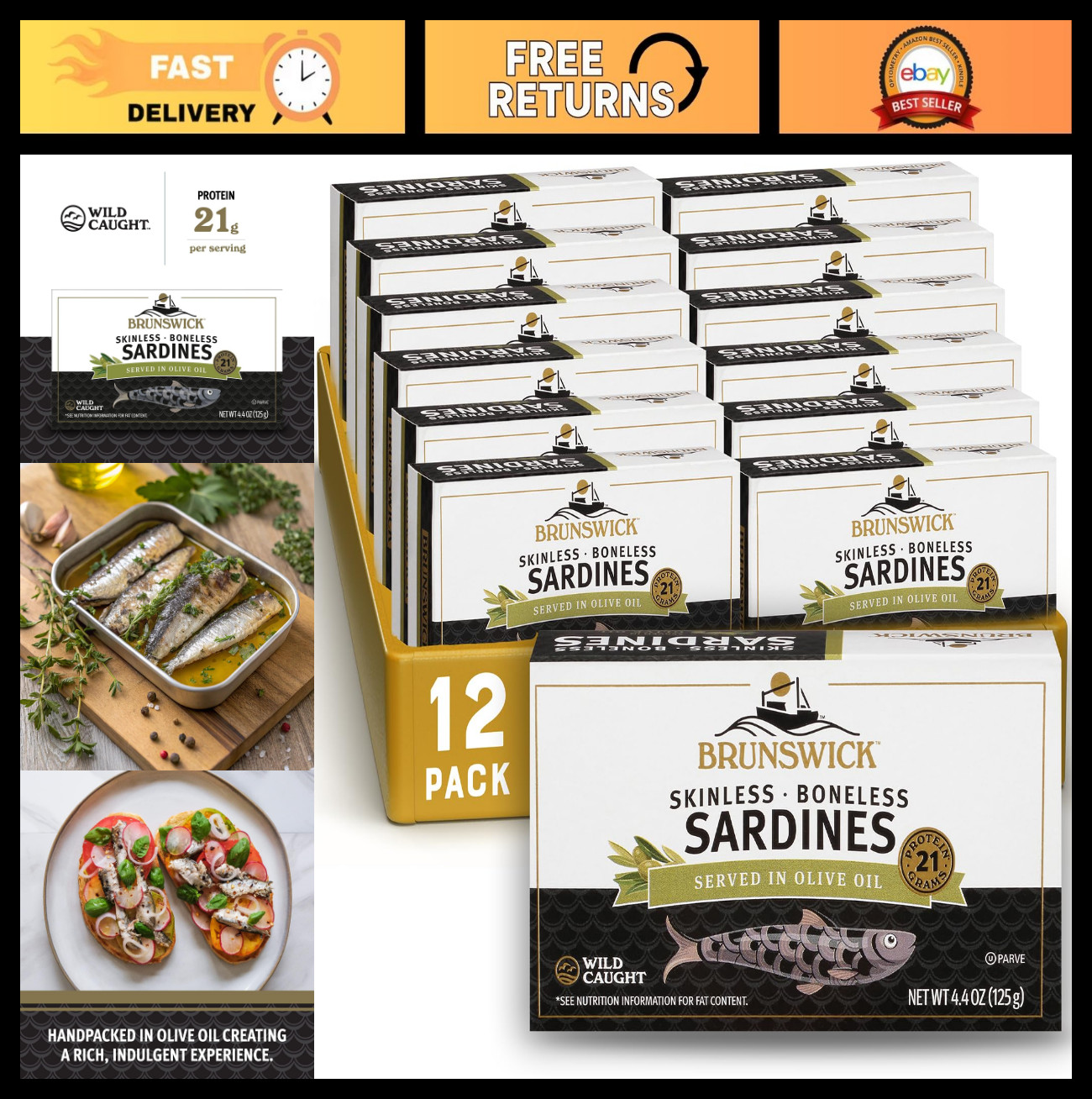 Wild Caught Skinless Boneless Sardines in Olive Oil, 4.4oz, Pack of 12