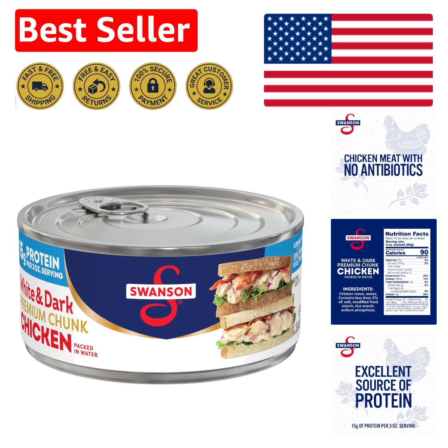Fully Cooked Swanson White & Dark Chunk Chicken, 9.75 OZ – No MSG, 97% Fat Free
