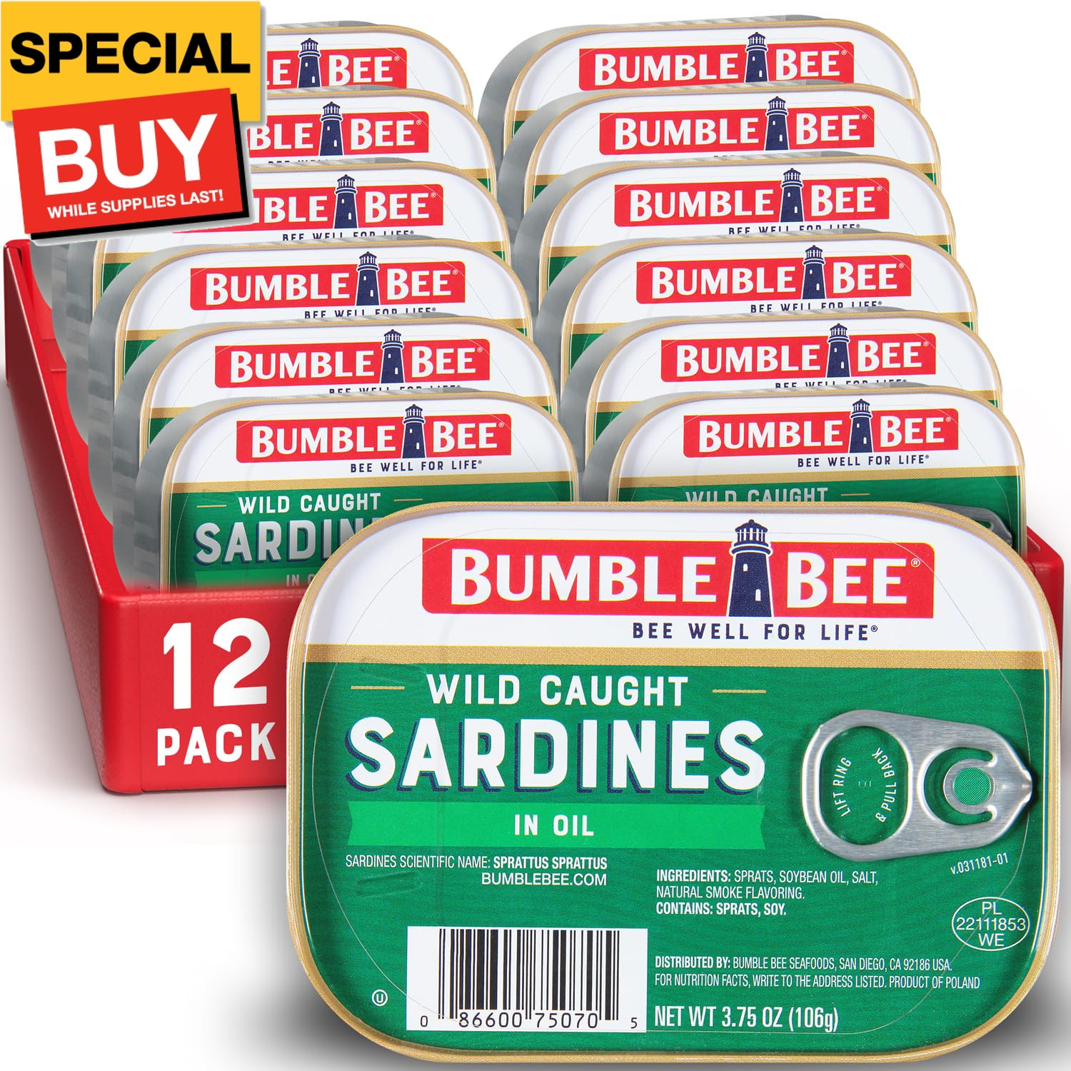 Sardines in Oil, 3.75 oz Tin (Pack of 12) – Wild Caught, Gluten Free, Keto, Kosh