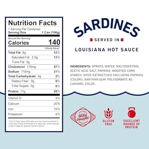 Beach Cliff Wild Caught Sardines in Louisiana Hot Sauce, 3.75 oz Can (Pack of 12