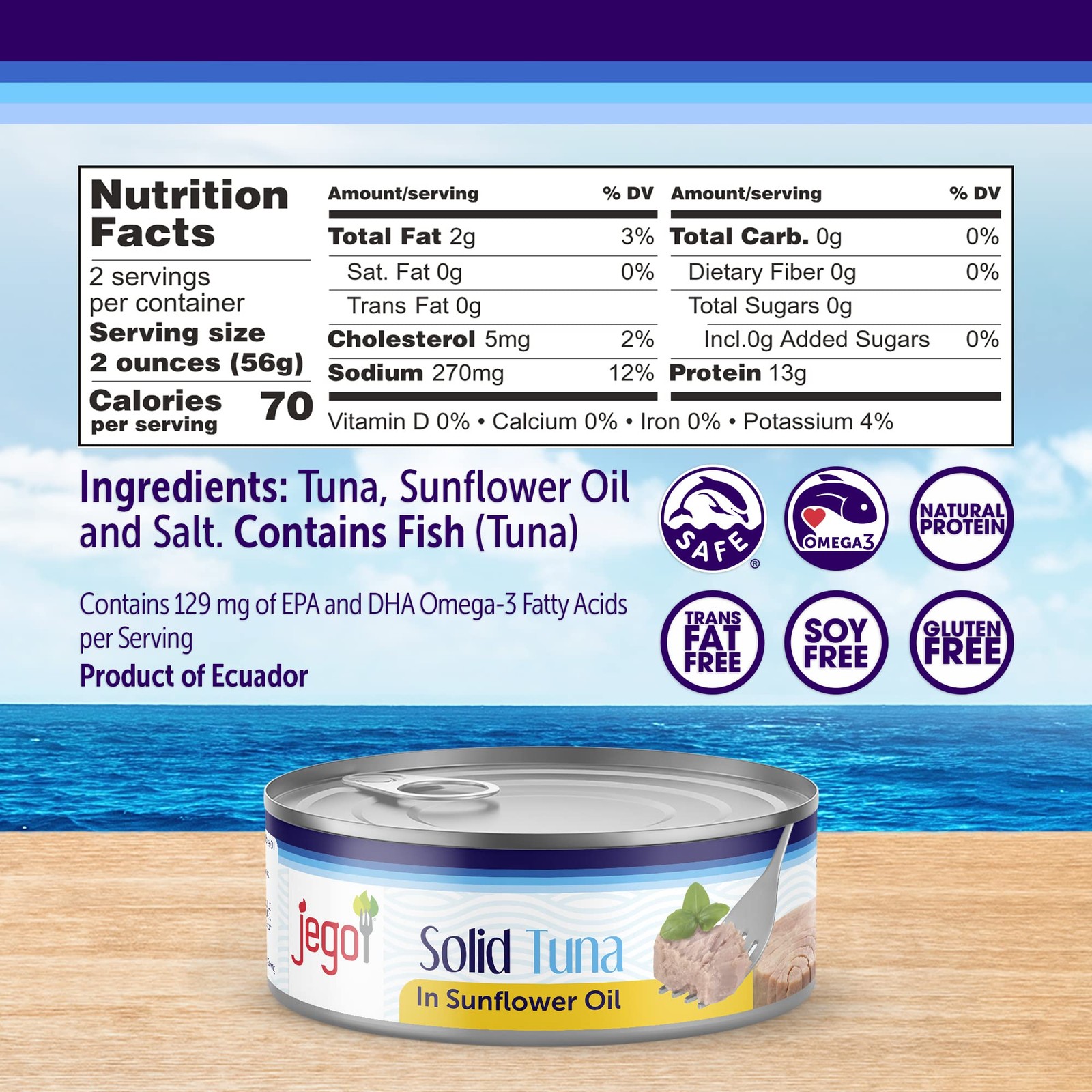 Jego Solid Tuna in Sunflower Oil | Wild Natural Catch Tuna | Keto | Low Carb | G