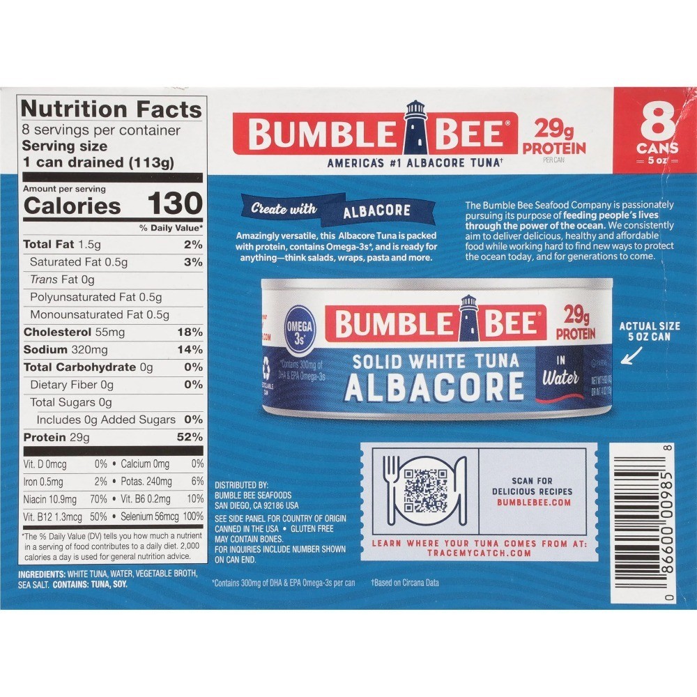 Solid White Albacore Tuna in Water Canned Fish Pack of 8 5 oz Cans