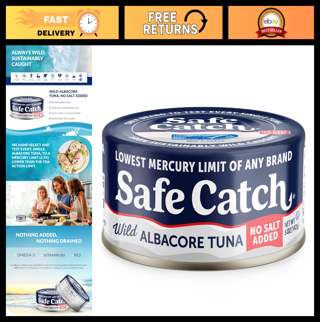 Wild Caught Albacore Tuna – Lowest Mercury, No Salt Added, Gluten-Free, Keto, 12