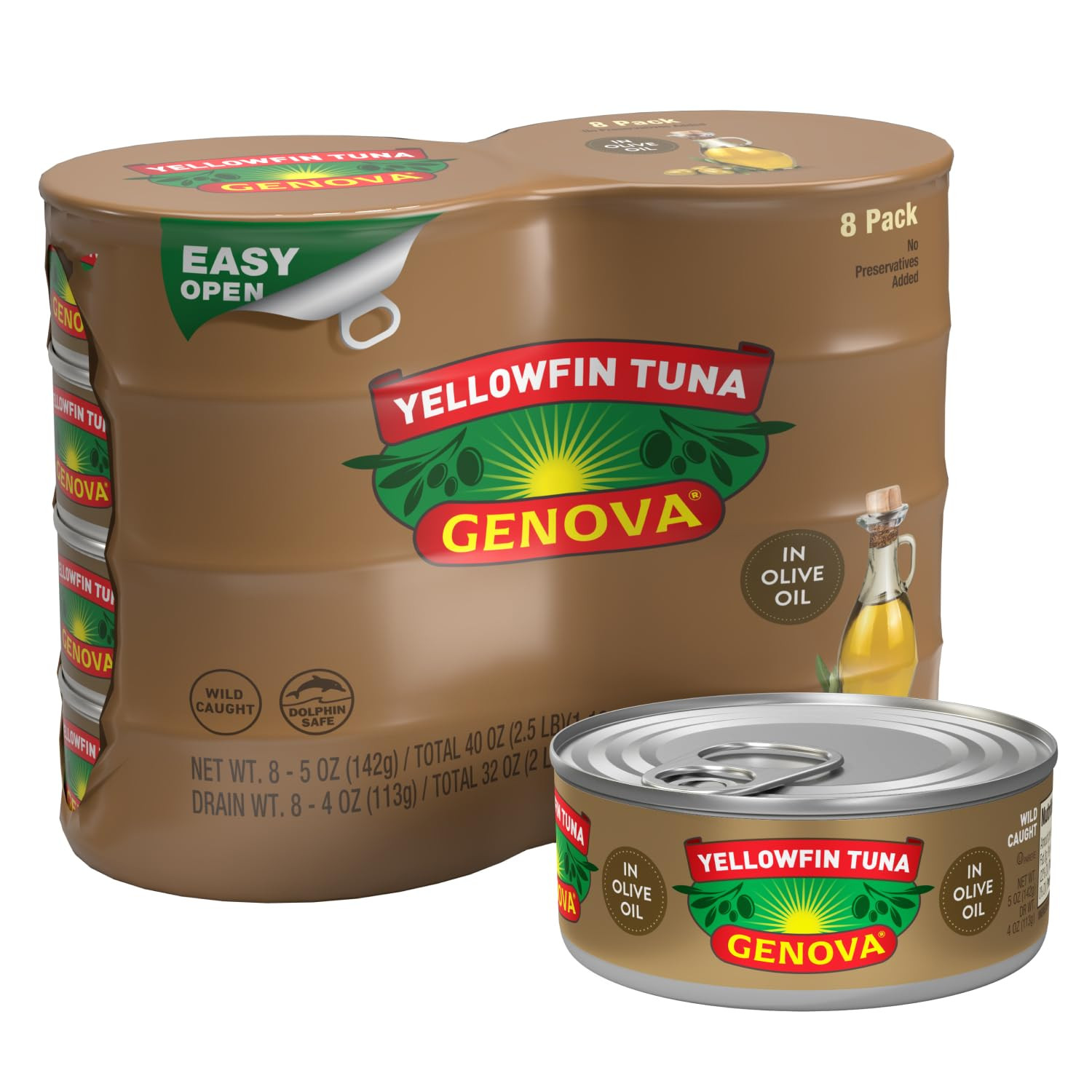 Genova Premium Yellowfin Tuna in Olive Oil, 5 Ounce Cans (Pack of 8), Wild Caugh