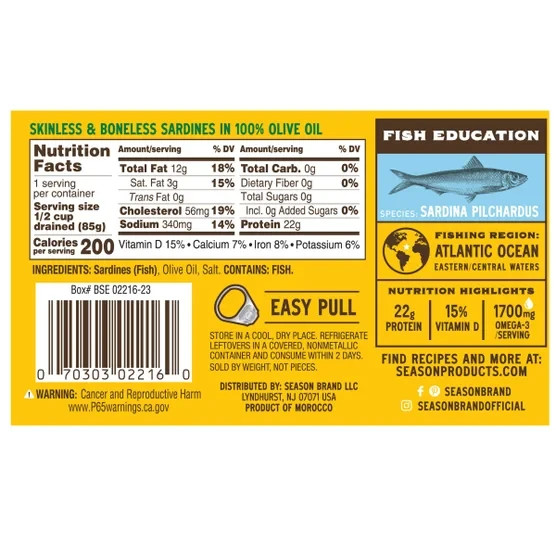 Season Sardines in 100% Pure Olive Oil Skinless Boneless Canned Fish 4.37oz 2027