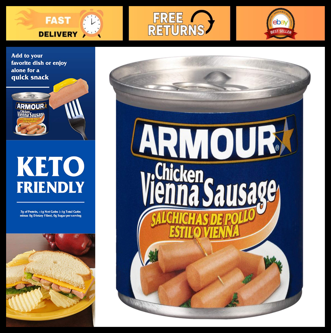 Canned Chicken Vienna Sausage, 4.6 OZ – Pack of 24, Ready-to-Eat, High Protein