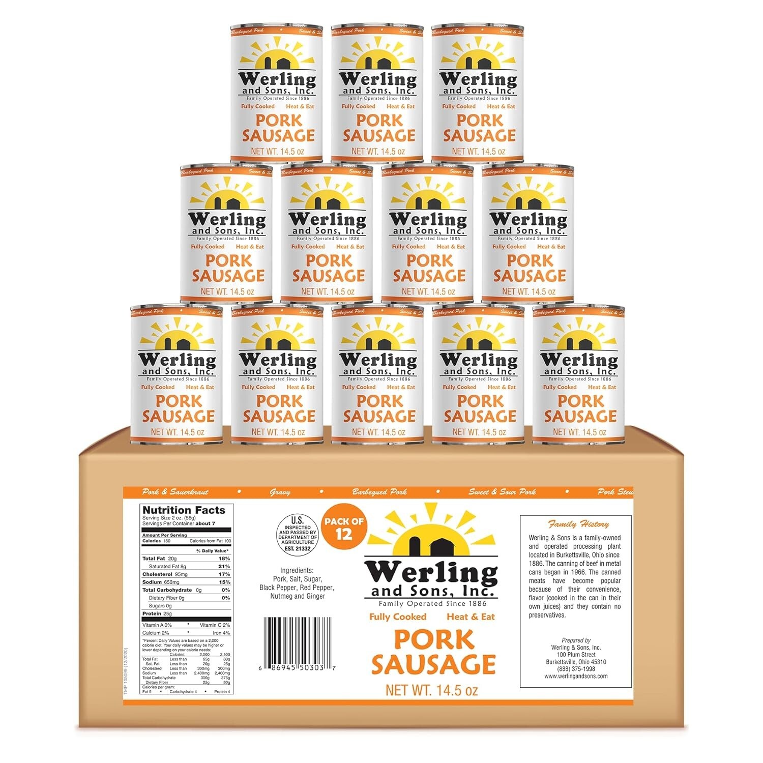 12 Cans- Werling & Sons Canned Heat & Eat Pork Sausage 14.5 Oz Fully Cooked