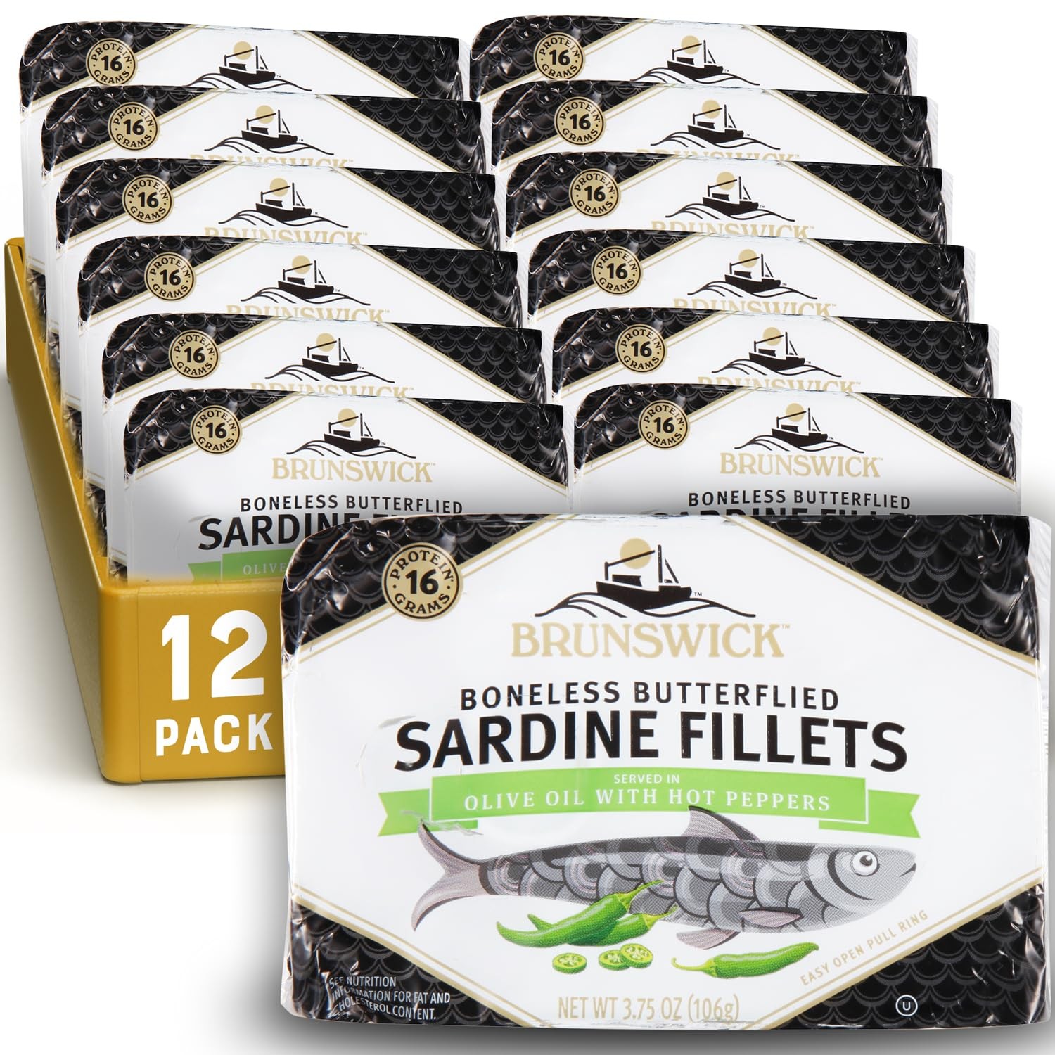 Brunswick Sardines in Olive Oil with Hot Peppers, 3.75 Ounce (Pack of 12)
