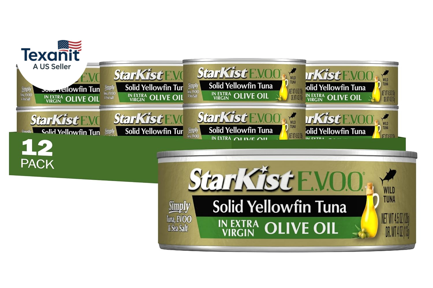 E.V.O.O. Solid Yellowfin/Light Tuna in Extra Virgin Olive Oil – 4.5 Oz Can (Pack