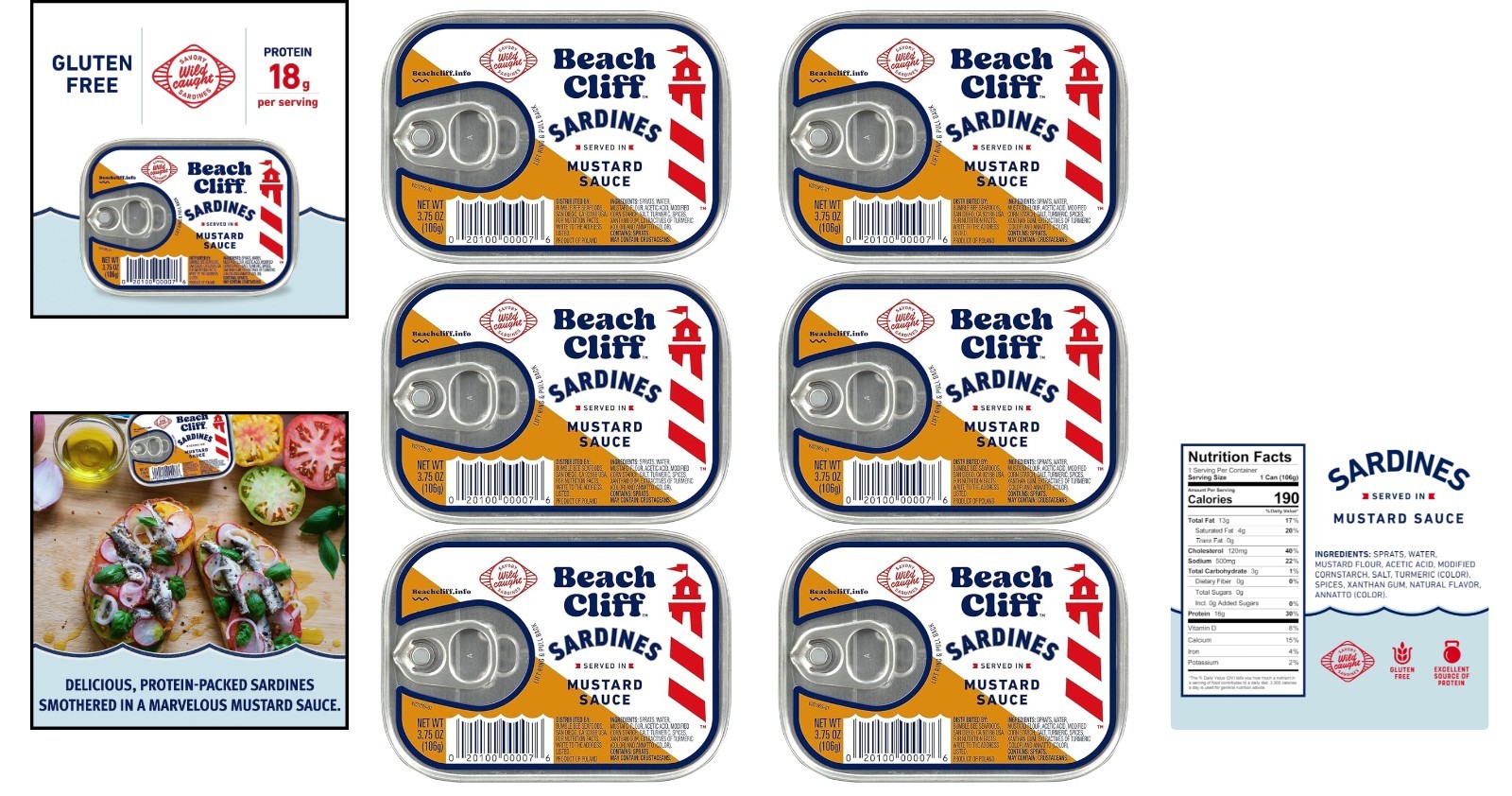 Delicious Mustard Sauce Sardines – High Protein & Gluten Free, Set of 6 Cans