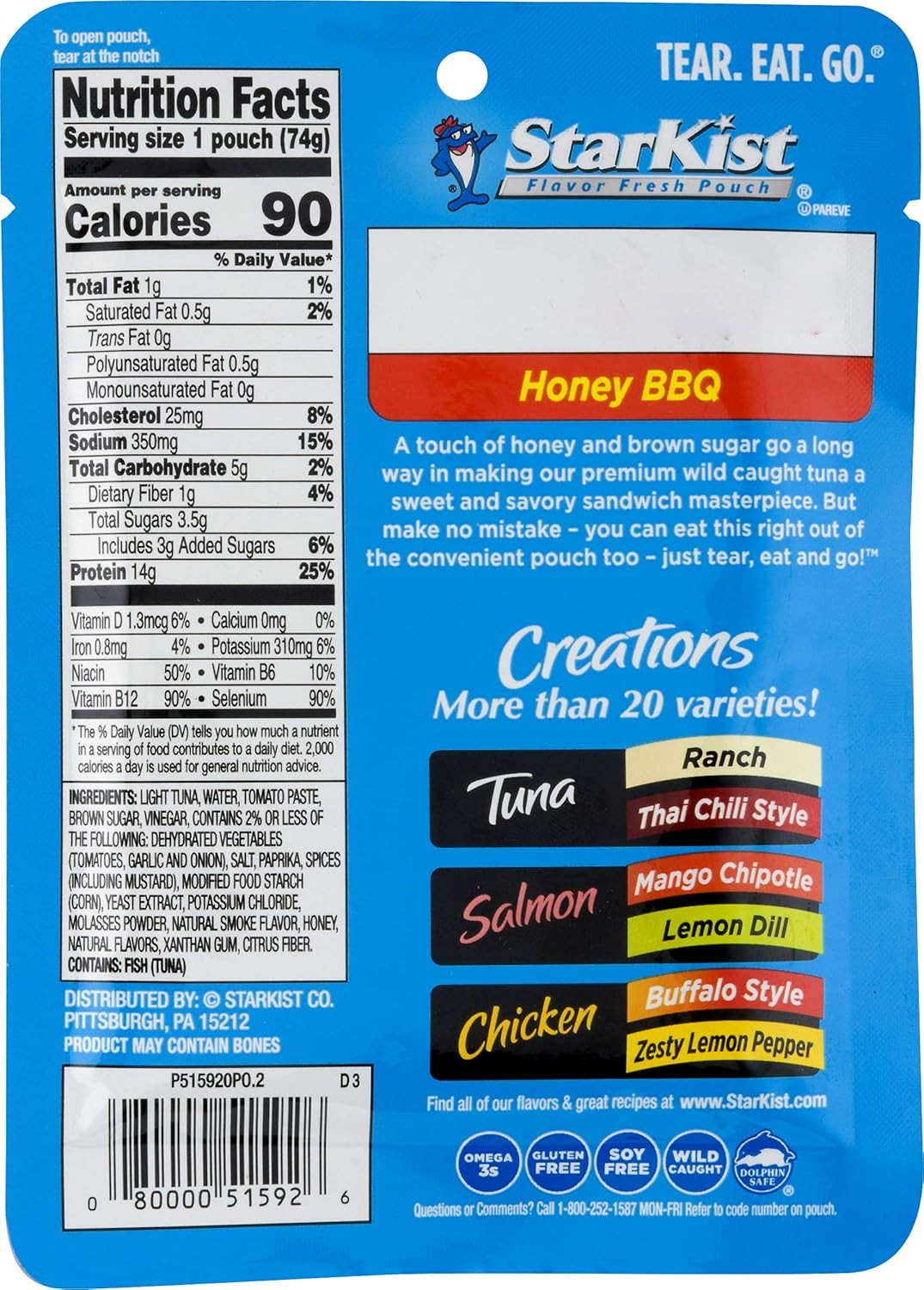 Tuna Creations Honey BBQ , Single Serve Pouch, 2.6 Oz (Pack of 2)