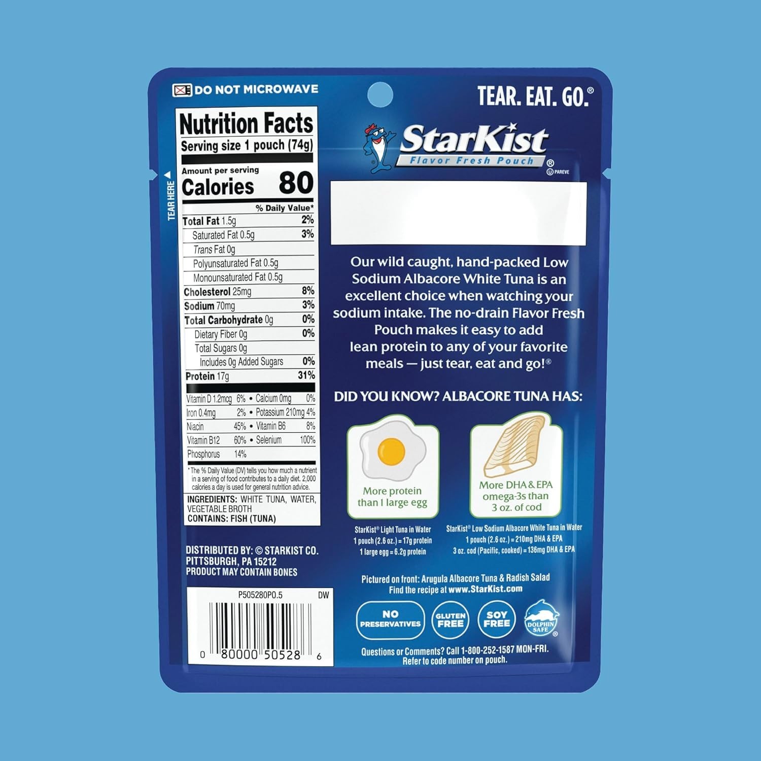 Low Sodium Wild Caught Albacore Tuna Pouch 24 Pack – 80 Calories, 17g Protein