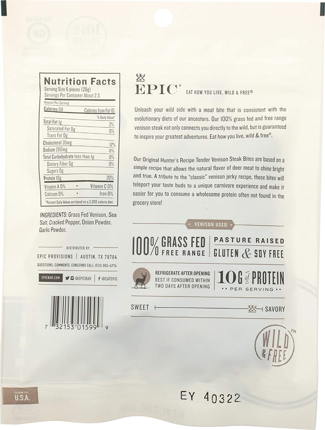EPIC PROVISIONS Hunter’s Recipe Venison Bites, 2.5 OZ