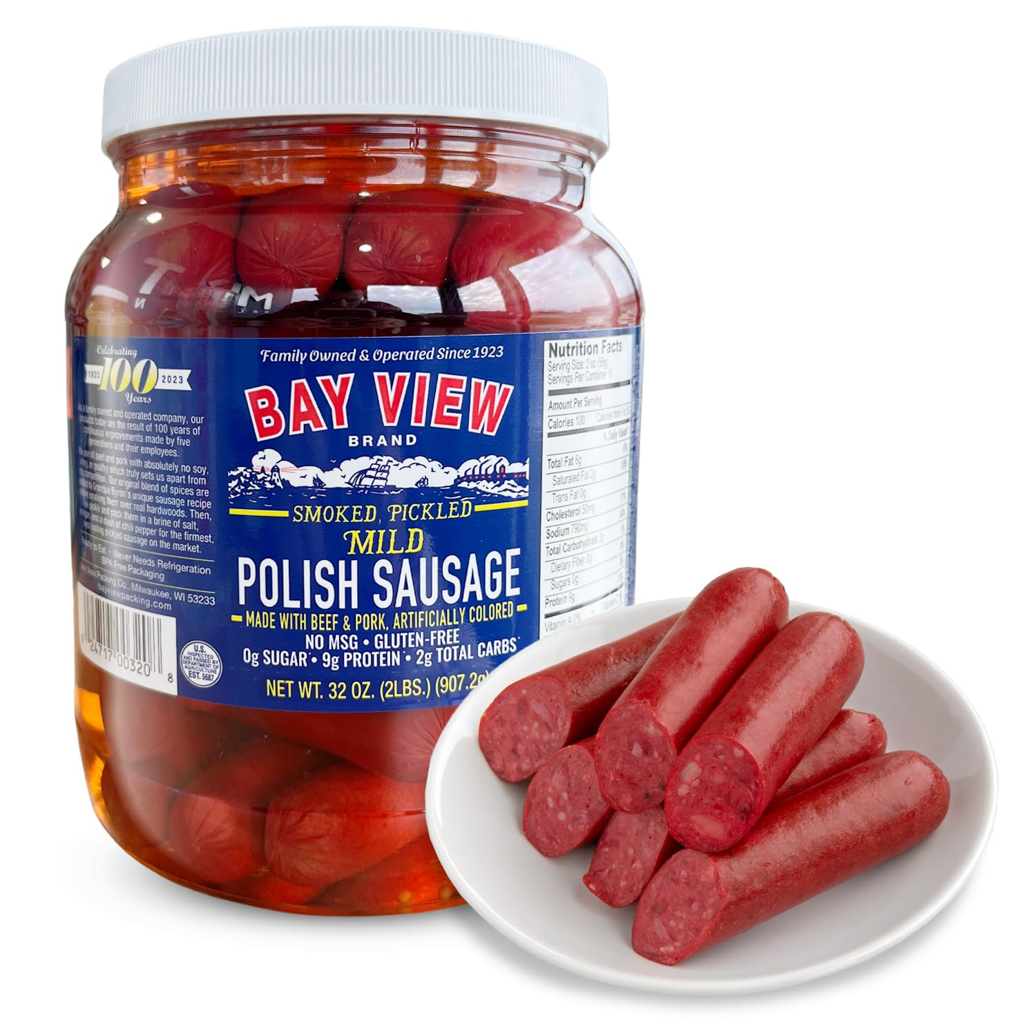 Bay View Smoked Pickled Polish Sausage 32oz Mild, GF, No MSG, 8g Protein
