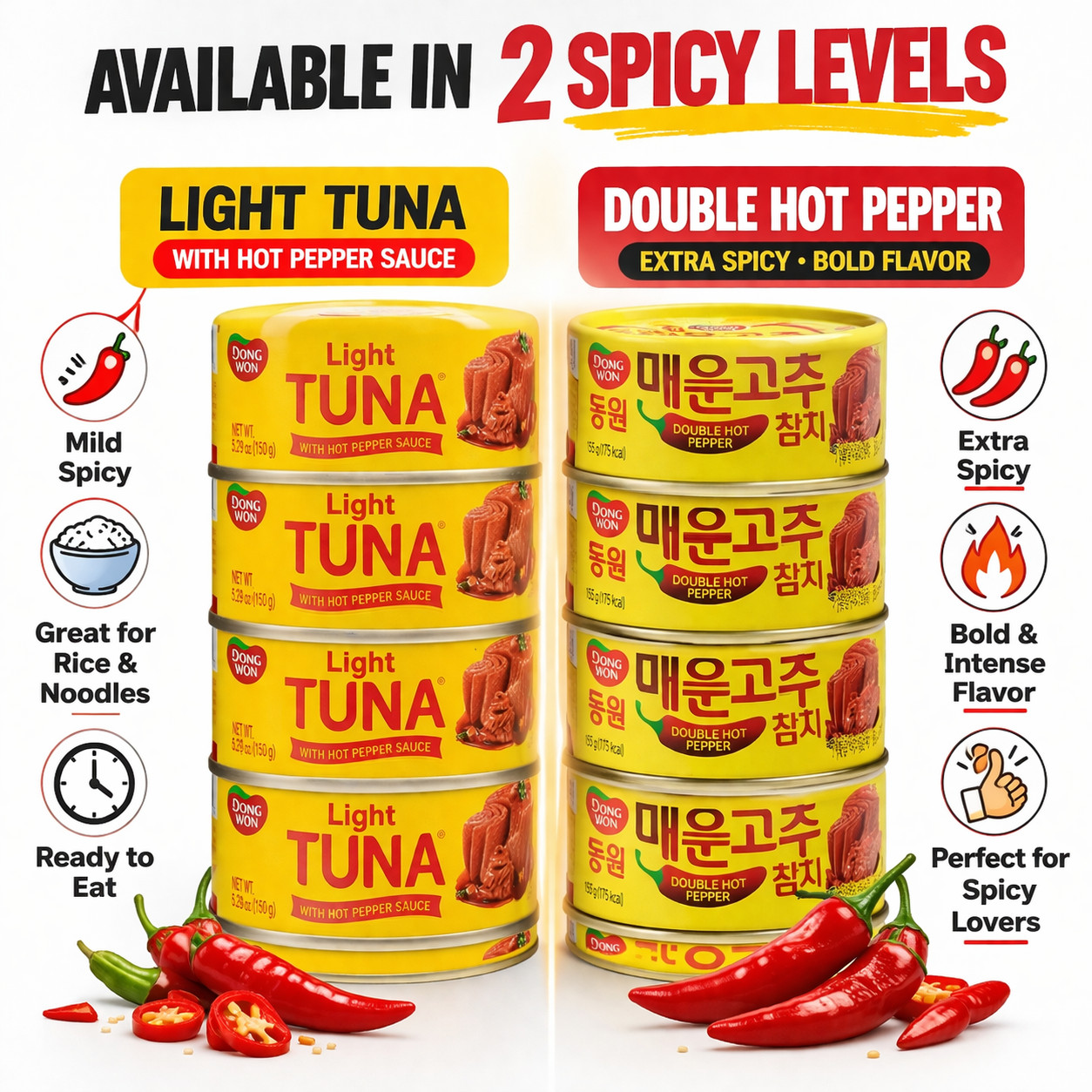 Dongwon Double Hot Pepper Tuna 4 Pack 4.76oz Korean Spicy Canned Tuna