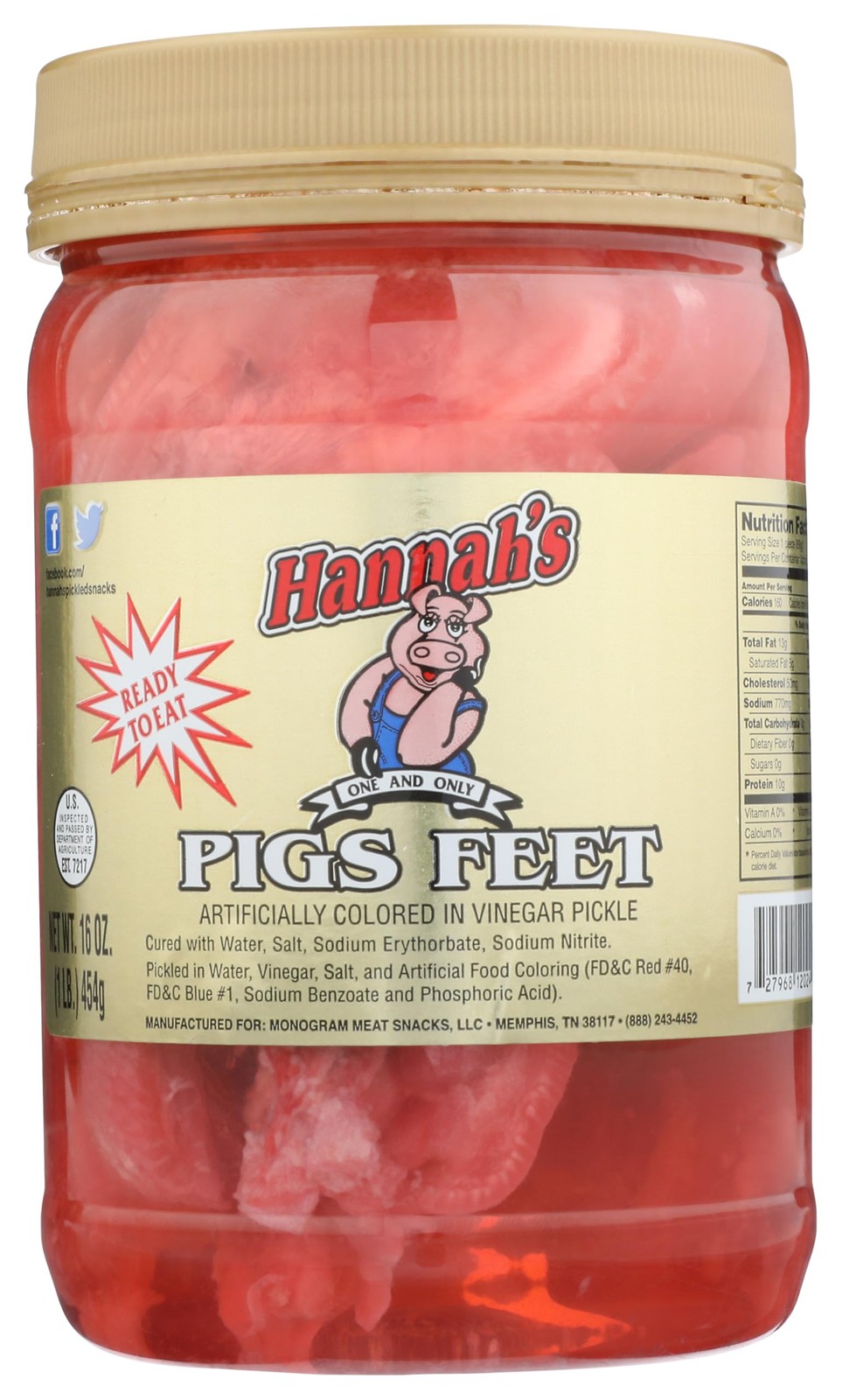 Hannah’s Ready To Eat Pickled Pigs Feet 16 oz. Jar 1 Pound (Pack of 1)