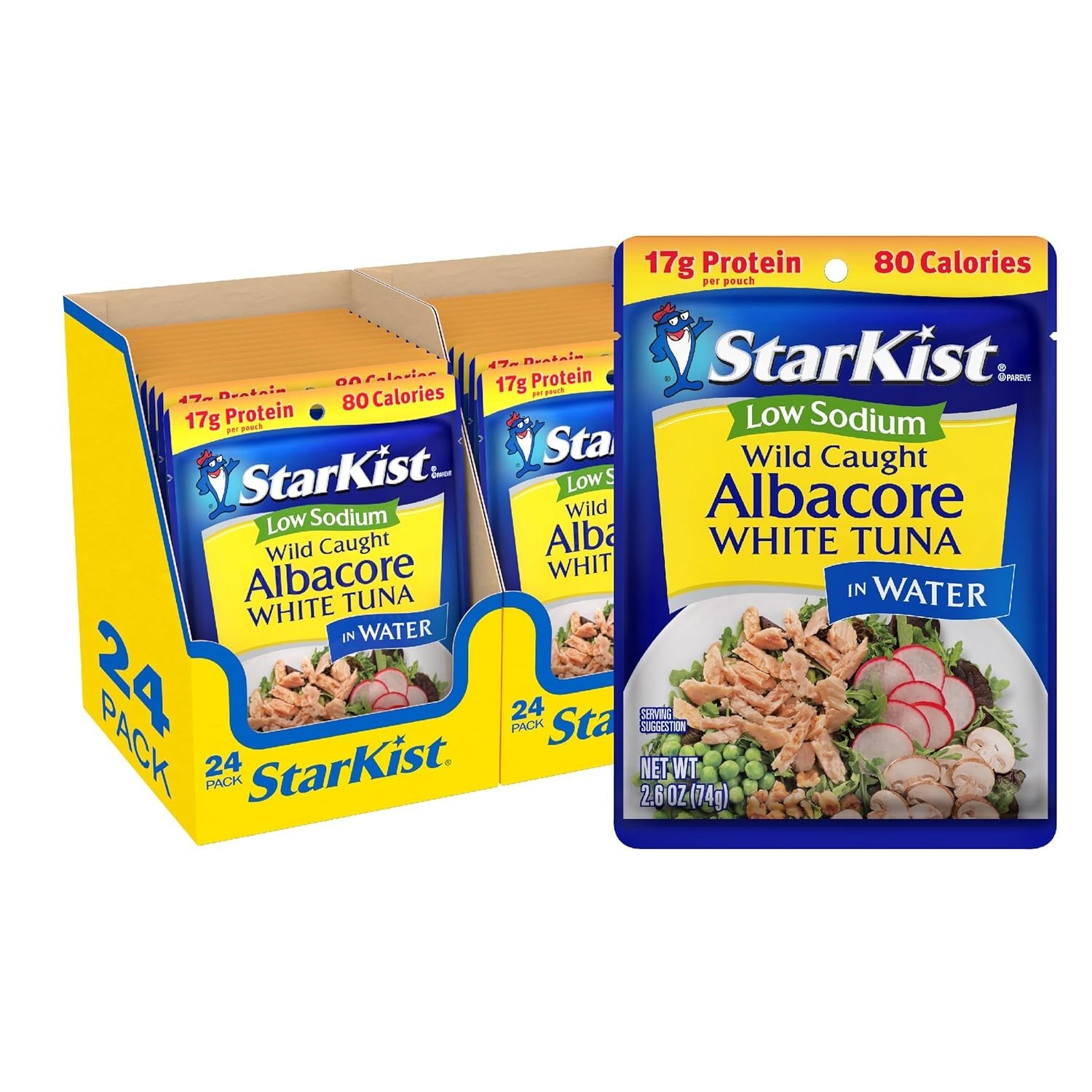 Low Sodium Wild Caught Albacore Tuna Pouch 24 Pack – 80 Calories, 17g Protein