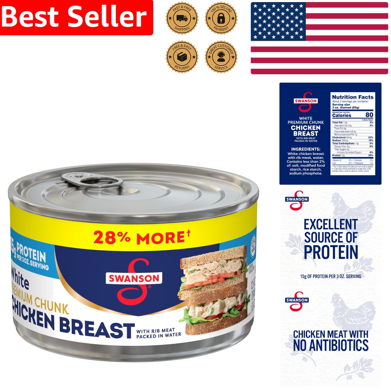 12.5 OZ Swanson White Chicken in Water – Ready-to-Eat Protein Source