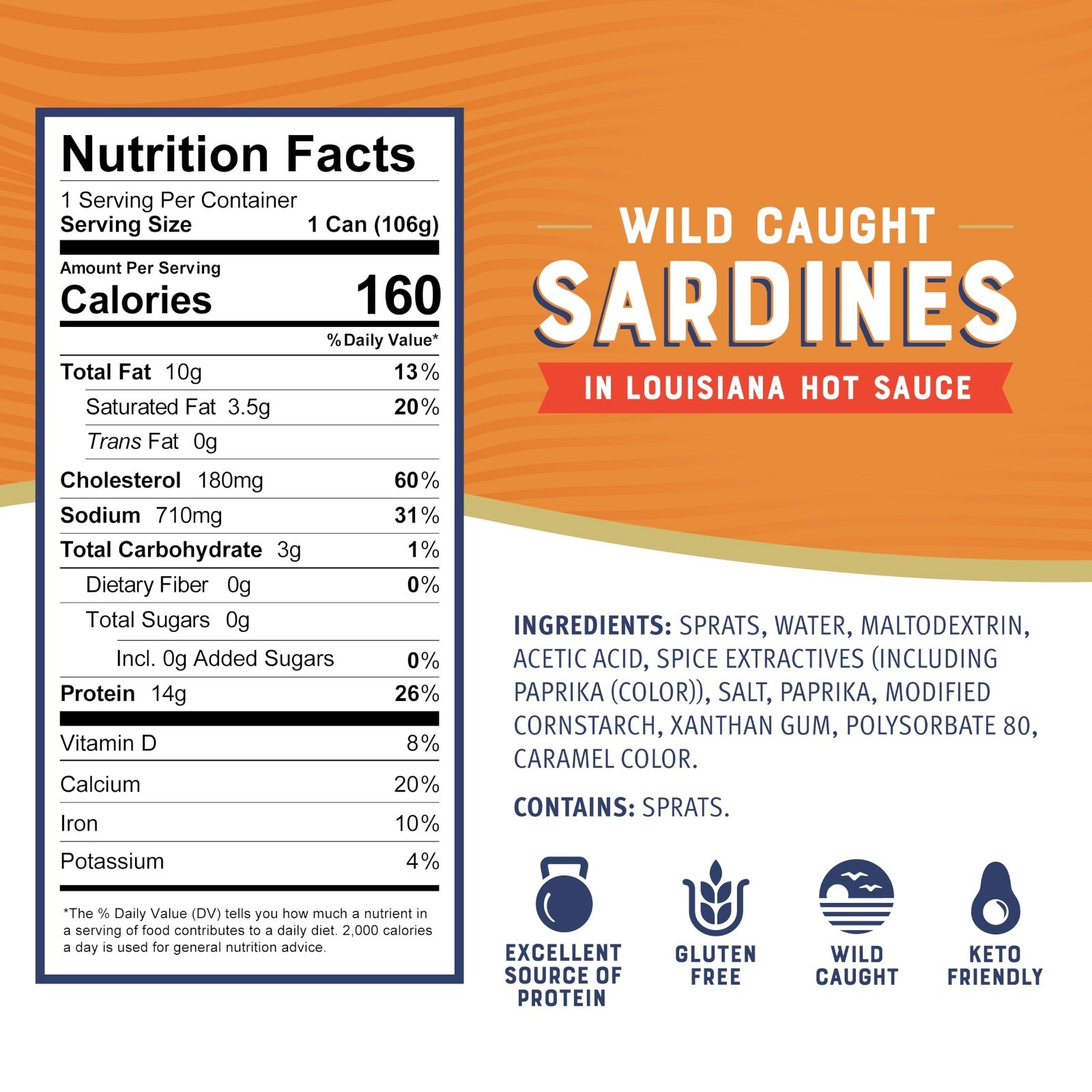 Wild Caught Sardines in Louisiana Hot Sauce, 3.75 oz Tin – Pack of 12, Gluten Fr